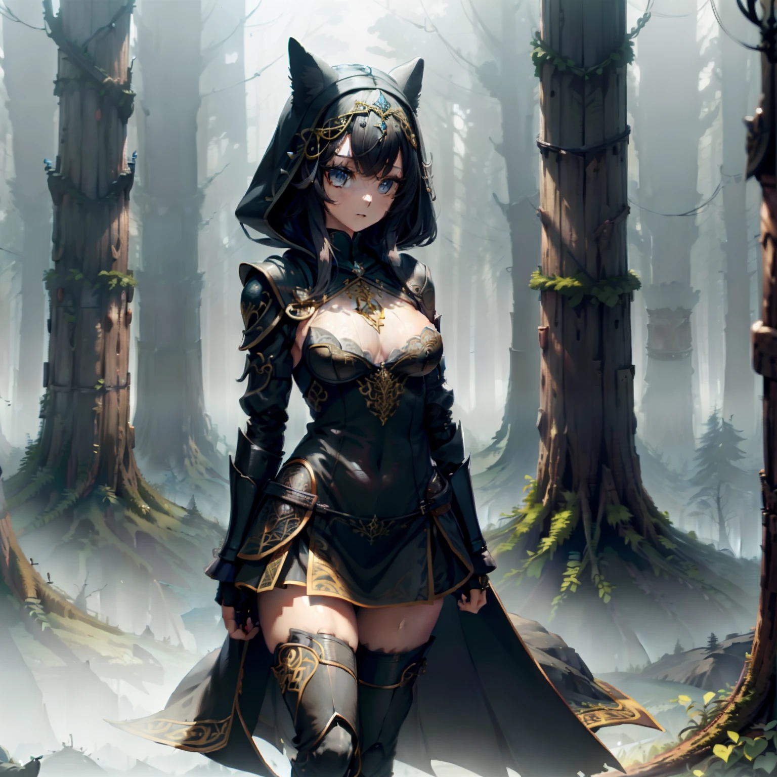 (A detailed illustration),(Anatomically amazing body),(Soft light),(Beautiful girl with black hair),long bangs,Black eyes,small tits,slender physique,小柄,((Less exposed armor)),(adventurer,Wearing thick black leather armor and sturdy robes),Wearing a hood,Leggings and boots,Carry a spear on your back,Equipped with a dagger at the waist,Walk straight,Eyes that resist sadness,Sublime soul,Strong will,Ruins of a collapsed city,