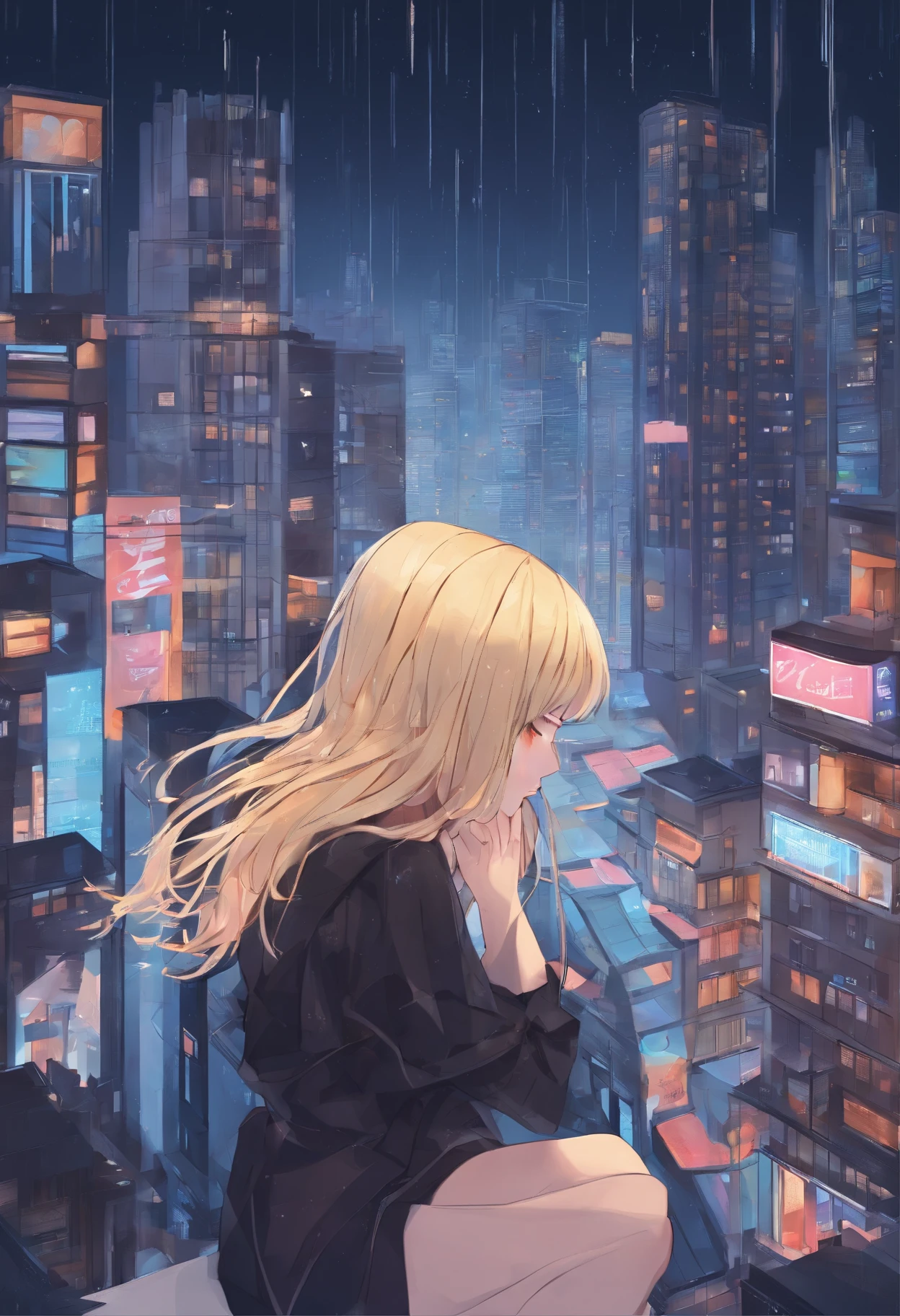 Sad girl,cry,darkness,Rain sky,。.。.。.。.。.。.。.3D,Upscale,hard disk,a blond,is crying,with his back turned