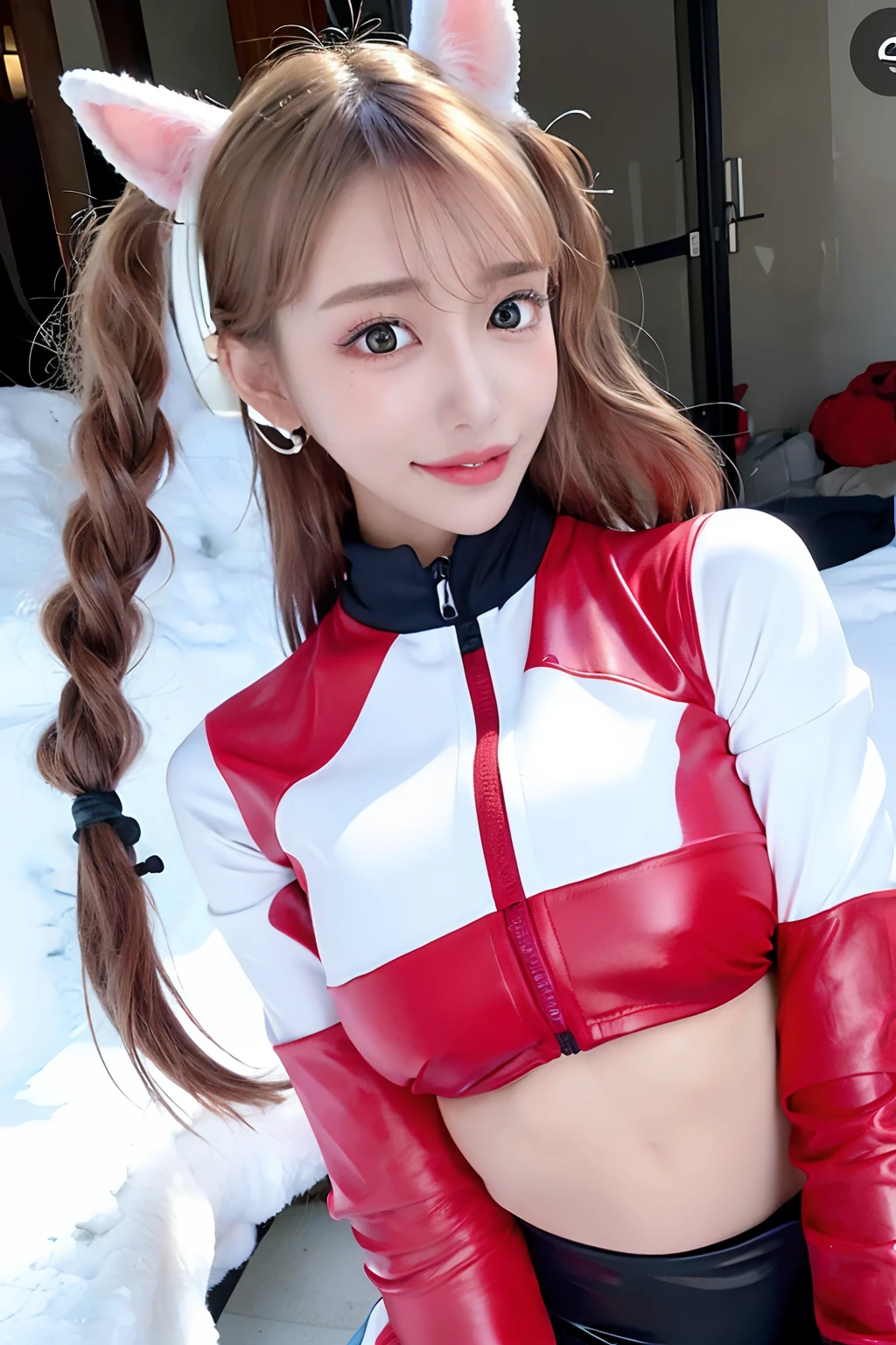 (RAW photo, best quality, masterpiece:1.2), (realistic, photo-realistic:1.4),(masterpiece:1.4),(best quality:1.4),1girl, solo, :d, animal ear headphones, animal ears, arms up, bangs, blush, bodysuit, breasts, bunny pose, clothes writing, covered navel, cowboy shot, cropped jacket, fake animal ears, gloves, outdoor,morning,snow, hair intakes, headphones, impossible bodysuit, impossible clothes, jacket, large breasts, latex, latex bodysuit, long hair, long sleeves, looking at viewer, large breasts, multicolored gloves, open mouth, pink bodysuit, pink eyes, red eyes, red jacket, shiny clothes, shrug \(clothing\), sidelocks, skin tight, smile, thigh gap, thighs, twintails, very long hair, white gloves, white hair,alice \(nikke\),(shiny skin),realistic,