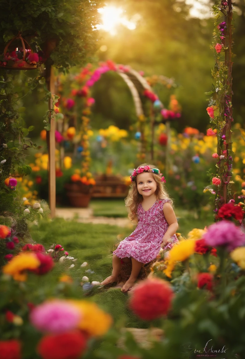 Create a magical children's garden. flores feliz. arvores feliz. animais, uma e um coelho encantado