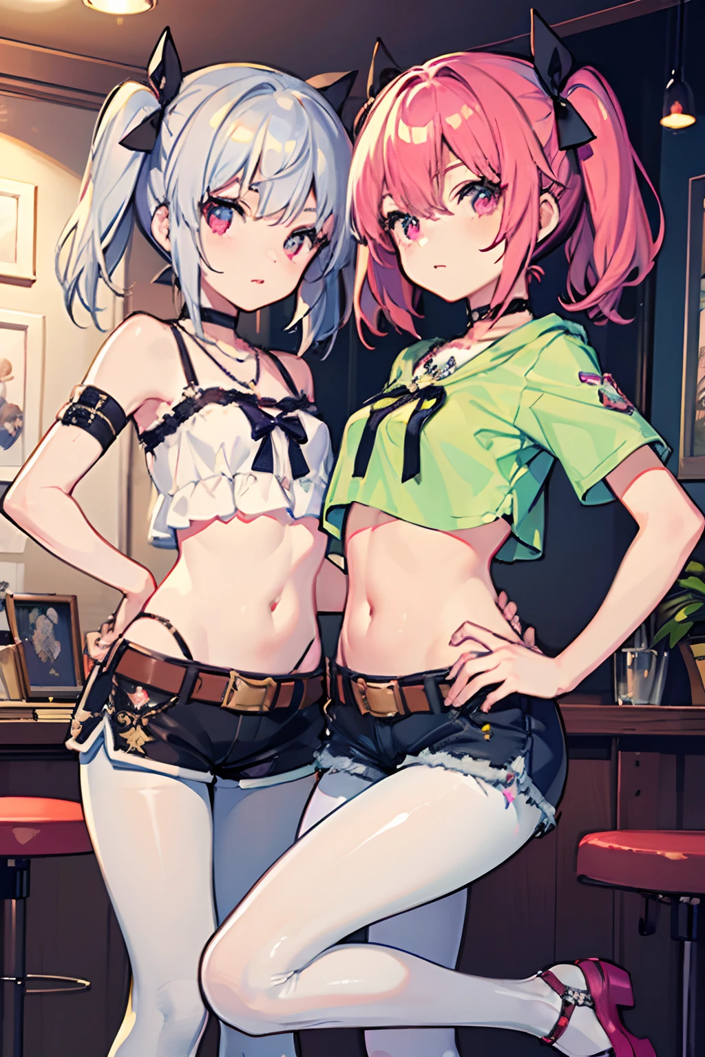 Girl 1,Girl 2,Undressed clothes,Rapper,Jacket,Full body tights Spandex tights Full body No panties,hat,belly button,No panties,Pissing, pissing, pissing, dripping pussy juice,Grinning face,Light blue pink hair color,Background cliff,Spread your legs,cliff,Quiet face,Exhibitionism,SideboobUnderboobSideboobUnderboobSideboobUnderboob,No panties,Small breasts and big breasts, Our chests join together,Holding hands, Their eyes are aligned,Long side twin tails,MountainsMountains