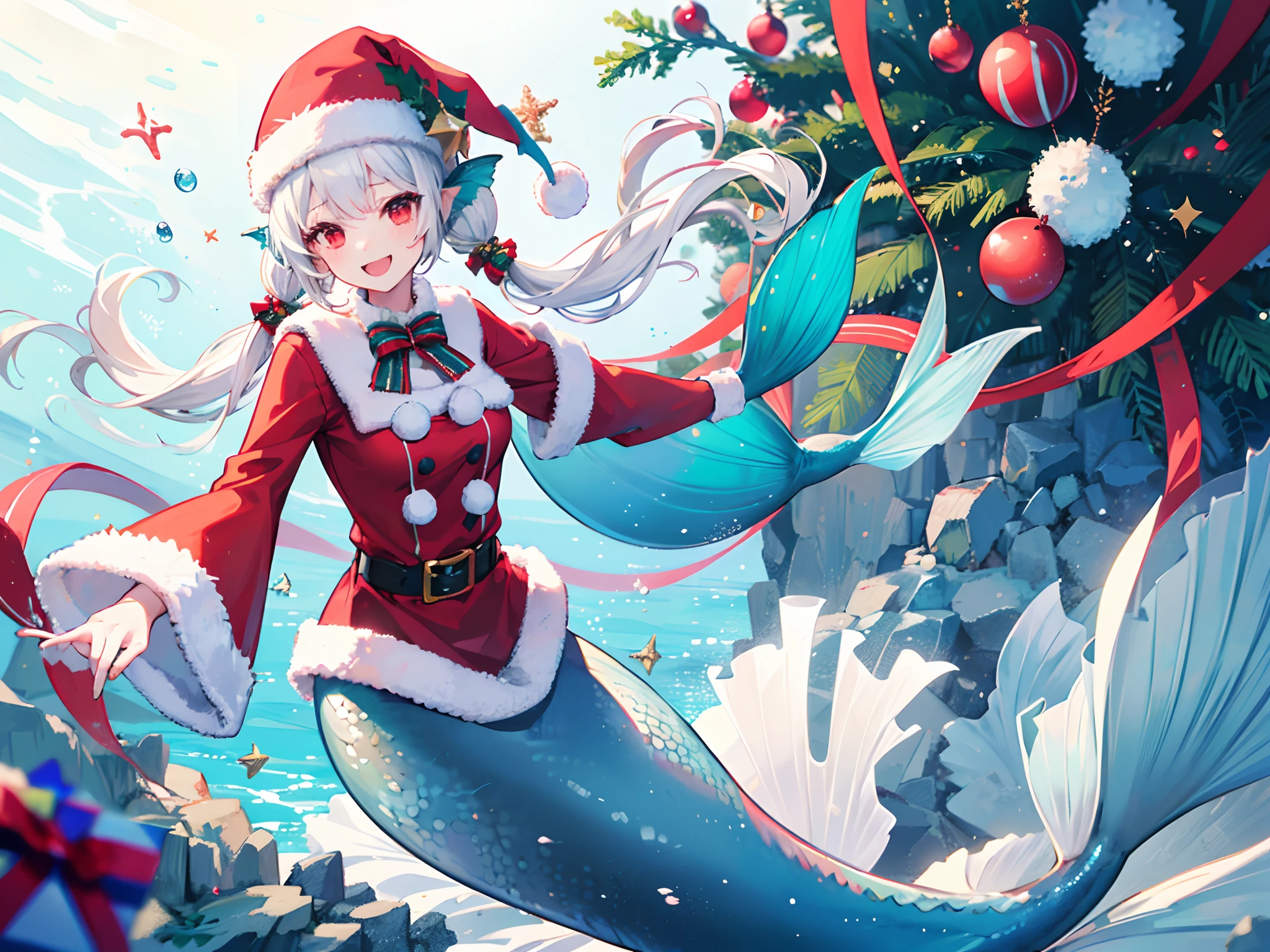Best Quality, Extremely detailed, Anime, 1girl in, Solo, Laughing, Standing, Dynamic Angle, (mermaid:1.4), (santa costume), santa hat, Red Eyes, (Twin tail:1.2), White hair, Christmas tree, Christmas, at sea,