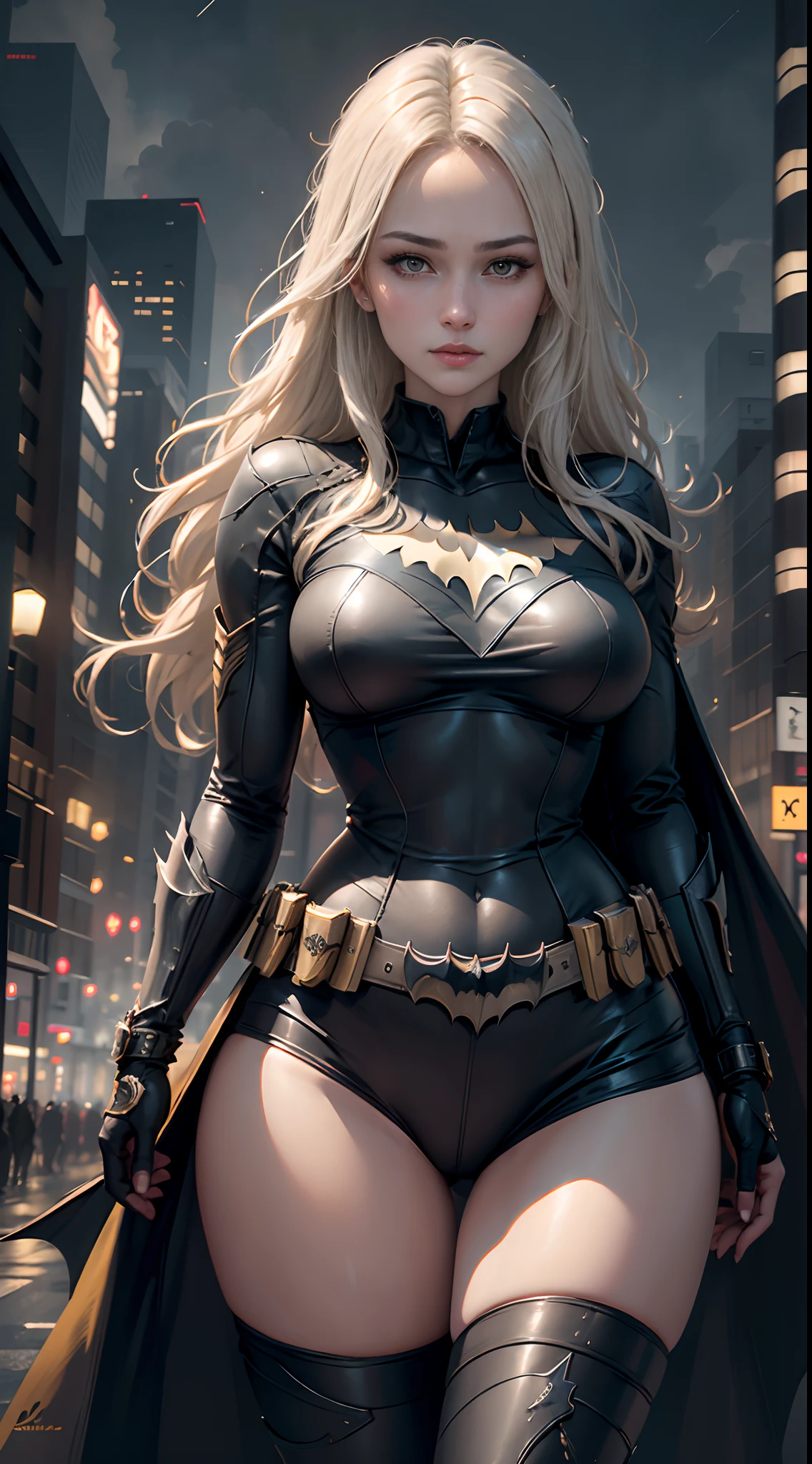 1girl, Full body, style of the Batwoman costume, medium breasts, Yellow Batman Logo on Chest and the belt, masterpiece, best quality, detailed skin texture, detailed cloth texture, beautiful detailed face, intricate details, ultra detailed, straight Blonde hair, dynamic pose, (Night Gotham city street Background), (Best quality, A high resolution, Photorealistic, primitive, 8K,Masterpiece, ),Best quality, Masterpiec8K.hdr. High ribs:1.2, filmgrain, Blur bokeh:1.2, Lens flare, (vivd colour:1.2), (Delicate),