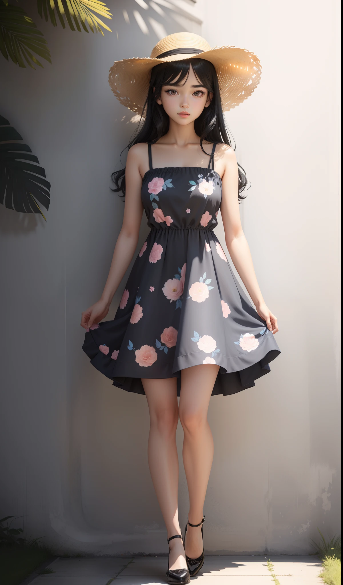 a woman in a light blue knee length floral summer dress, elegant, cute face, flat heels shoes, , adult face, slightly wavy hair, ((black hair)) and gleaming detailed vibrant black eyes, slim frame, medium breast size, long legs, soft pink lips, shoulder length hair, wearing summer straw hat, British women