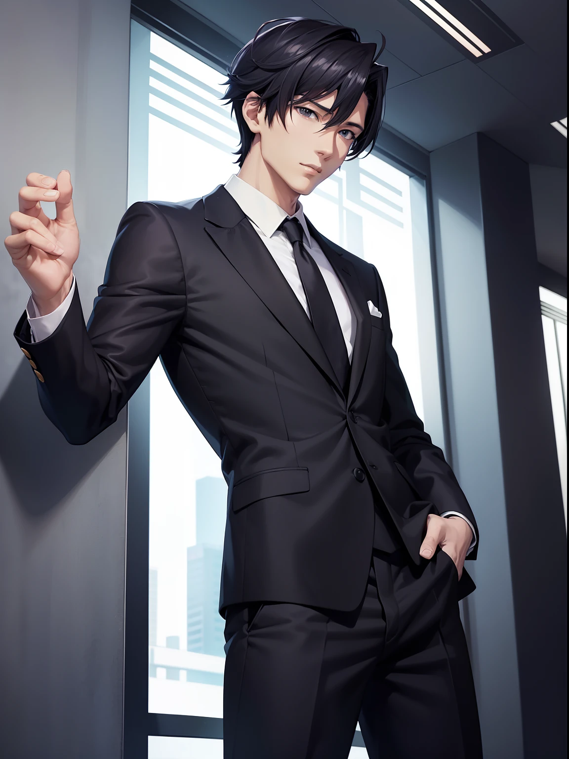 Handsome Anime Pose, Wearing a strict business suit, Smooth Anime CG Art, elegant cinematic pose, Rin, wearing a black noble suit, male anime characters, ryuta ueda artwork, anime handsome guy, he is wearing a suit,meaty。