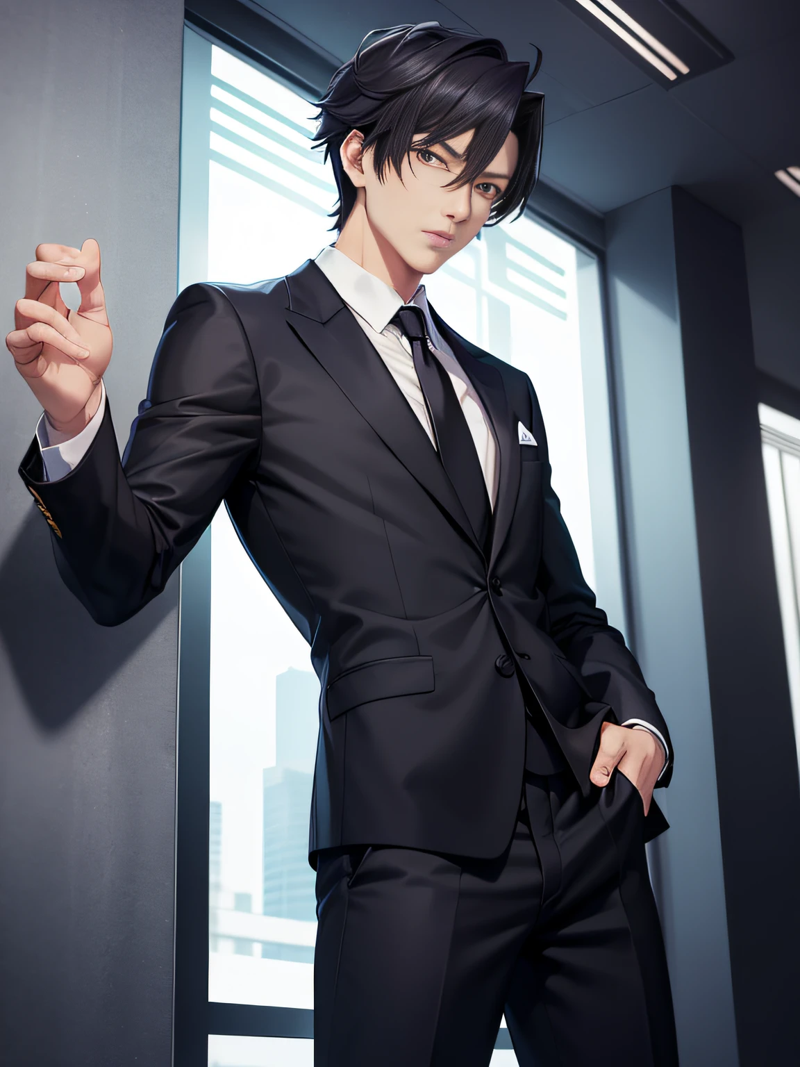 Handsome Anime Pose, Wearing a strict business suit, Smooth Anime CG Art, elegant cinematic pose, Rin, wearing a black noble suit, male anime characters, ryuta ueda artwork, anime handsome guy, he is wearing a suit,meaty。