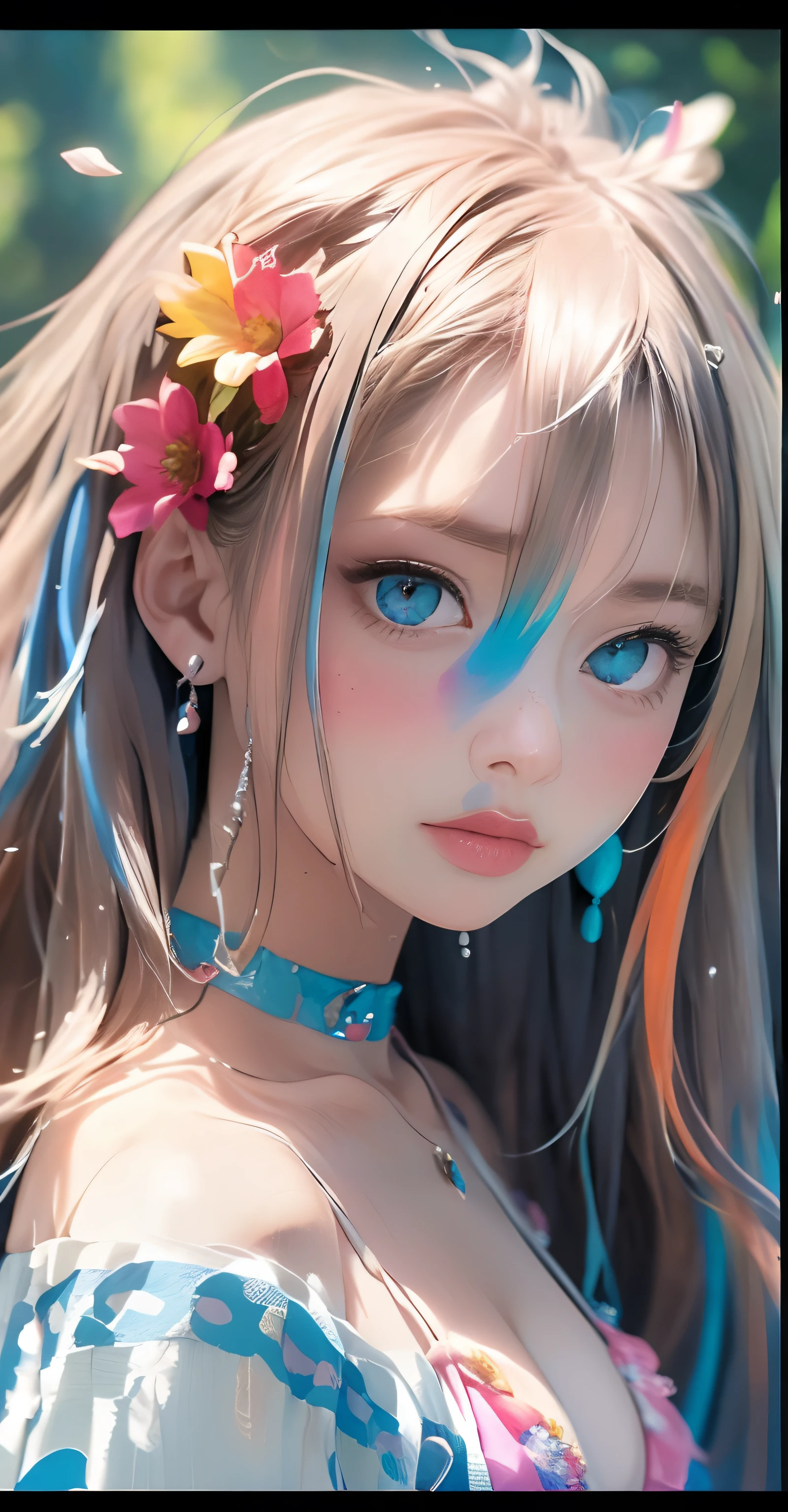 Retrato de cuerpo entero、En pie、(Moda colorida ultra micro mini bikini:1.9)、(cabello colorido:1.8)、(Todos los colores del arco iris:1.8)、((((Pintura vertical:1.6)))、(pictorial、:1.6)、cara frontal、comic、An illustration、pictorial、、ojos grandes、Ojos cristalinos、(Cola de caballo alta de gradiente iridiscente:1.7)、maquillaje exquisito、boca cerrada、(Small Fresh:1.5)、(Limpie el cofre:1.6)、long eyeslashes、Mirando a la audiencia、grandes ojos llorosos、(cabello iridiscente:1.6)、 salpicaduras de color, (solamente、:1.8), salpicaduras de color, burst of color, Estilo de pintura gruesa, messy lines, ((resplandeciente)), (De color), (De color), De color, De color, Estilo de pintura chic, (salpicar) (salpicaduras de color), Pintura vertical, Parte superior del cuerpo, Salpicaduras de pintura, Acrylic pigments, Gradientes, painti, highest qualityr, highest qualityr, Maestro Paz、, solamente、, profundidad de campo, pintura facial, ropa colorida, (elegantemente: 1.2), splendid,Cabello largo, viento, (elegantemente: 1.3), (flower petals:1.4)、(((Maestro Paz、)))、(((sthe highest qualit)))、((Super detailed))、(An illustration)、(Ungle dinámico)、((flotante))、(painti)、((cabello despeinado))、(solamente、)、(1 girl in)、((Cara detallada de Anima)))、((Hermosa cara detallada))、Cuello、hombro desnudo、pelo blanco、((cabello colorido))、(((cabello rayado))、hermosos ojos detallados、(Ojos en colores degradados)、(((ojos coloridos))))、(fondo colorido))))、((((high saturation))))、(((rodeado de salpicaduras de colores)))、