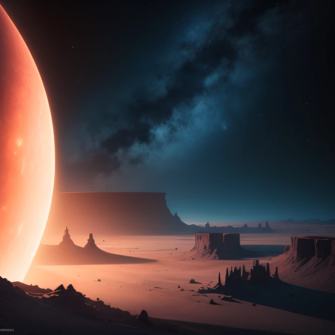 an alien base (very detailed) with several exhaust fans and chimneys in the middle of a mountainous desert, some spotlights coming out of the base to light up the dark place, (extreme night), some clouds in the night sky, some planets around to give an unknown planet air