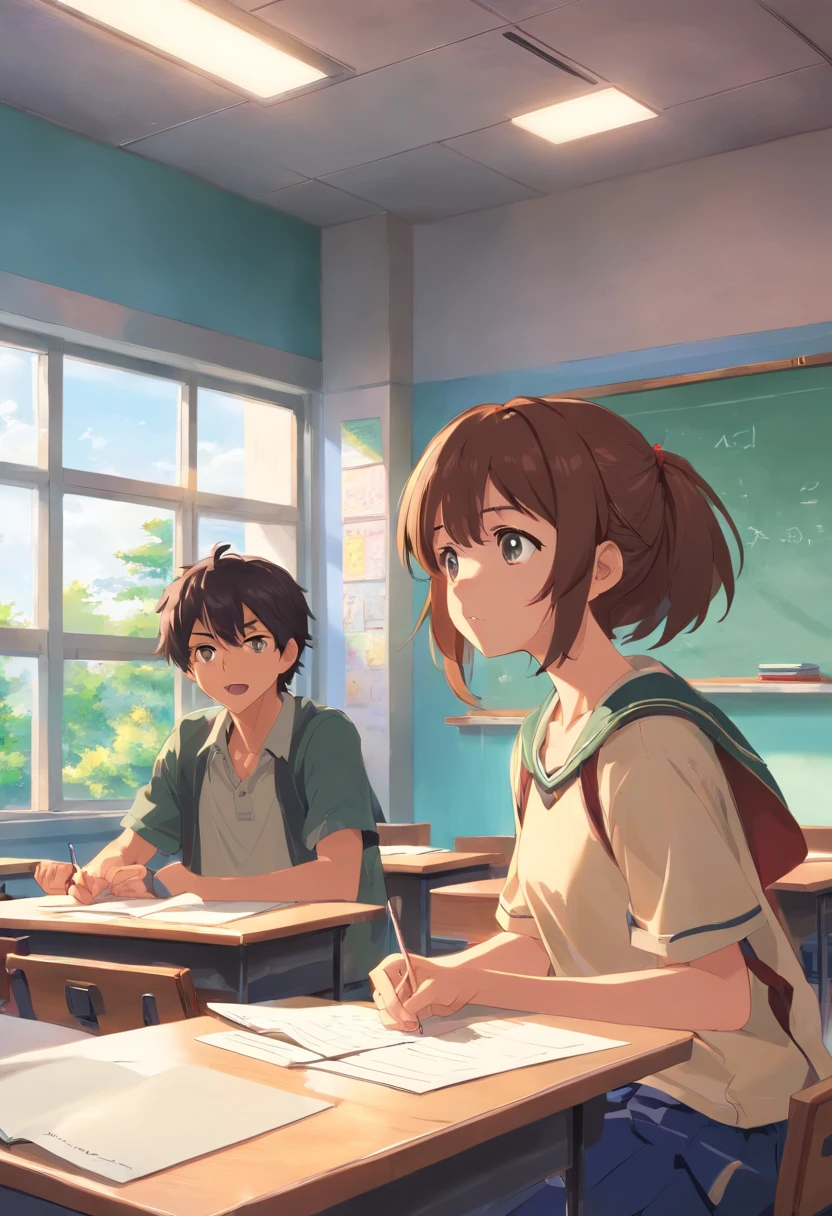 inside a classroom，A boy and a girl are arguing，The girl is facing the camera，The boy turned his back to the camera，The girl looked indifferent