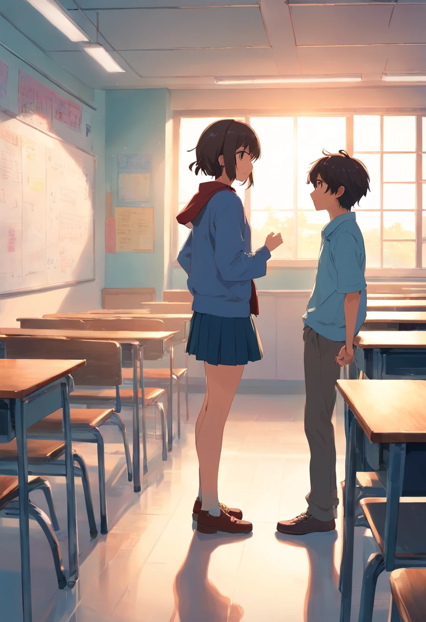 inside a classroom，A boy and a girl are arguing，The girl is facing the camera，The boy turned his back to the camera，The girl looked indifferent
