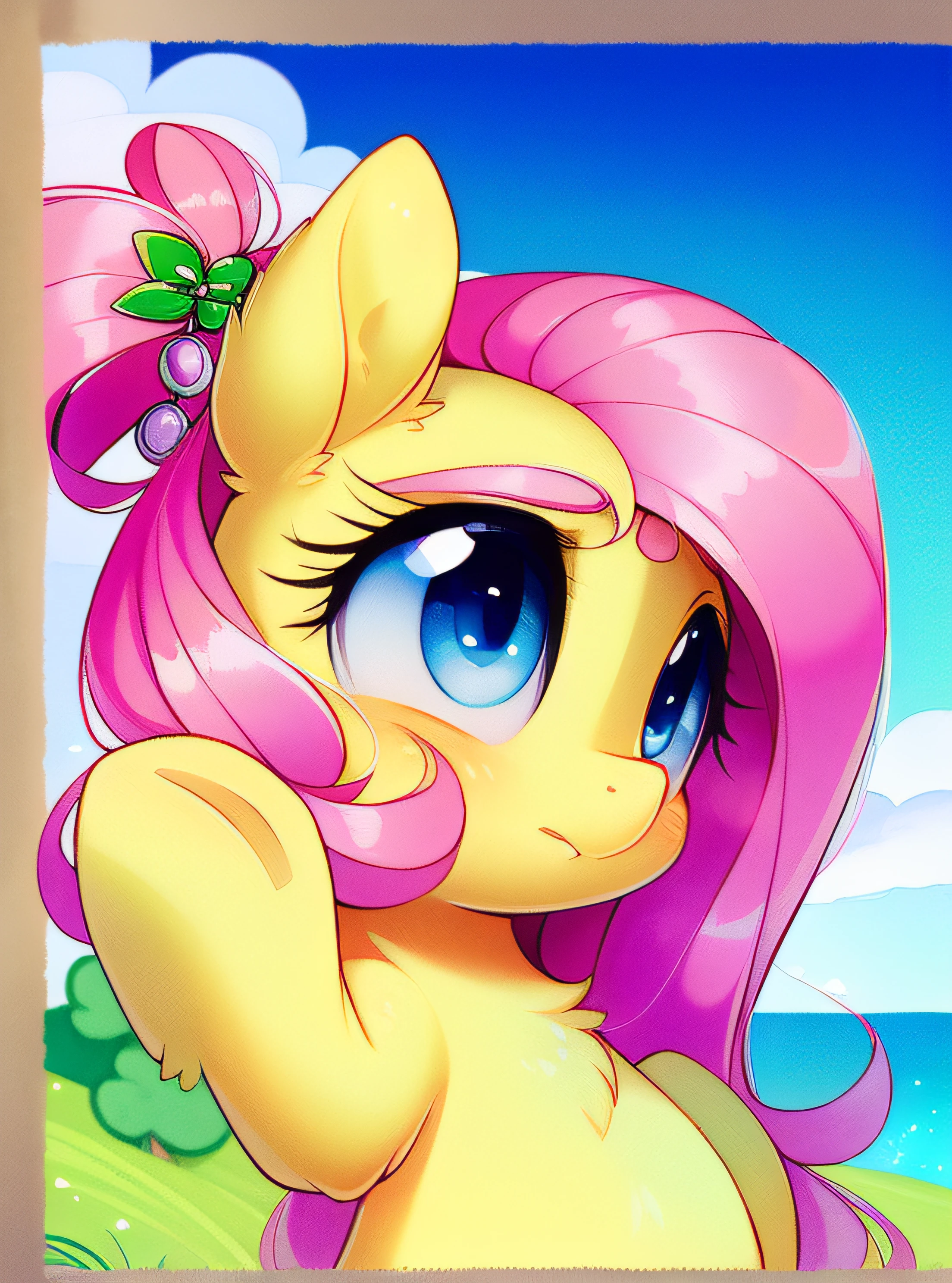 ((derpibooru_p_95)), fluttershy, solo, anthro,((best quality)), ((highly detailed)), masterpiece, (detailed eyes, deep eyes), (1girl), dynamic angle, cowboy shot, mlpfluttershy, pink hair, hair ornament, blue eyes, slight smile, yellow fur, anthro, mlp furry, nsfw, ecchi, medium breasts, pouty puffy anime cheeks