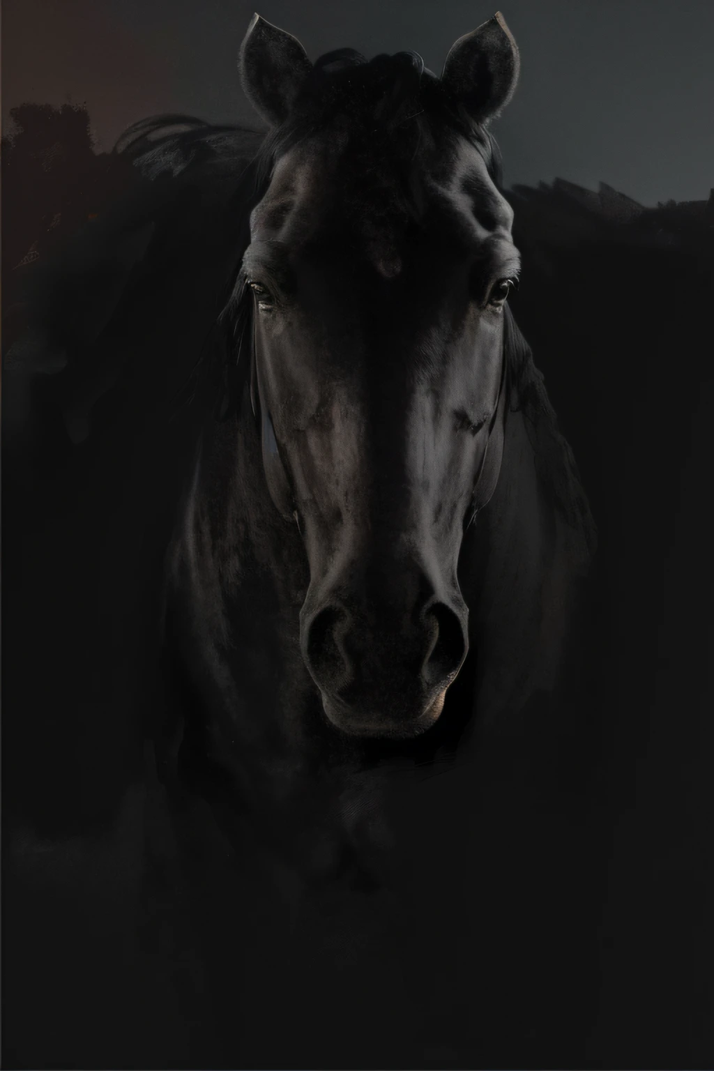 there is a black horse that is standing in the dark, horse, dark bacgkground, horse in background, closeup portrait shot, black nose, equine, on black background, close up portrait shot, close portrait, hq 4k phone wallpaper, equine photo, horse head animal merge, with narrow nose, portrait shot, equine photography, dark photo, half horse