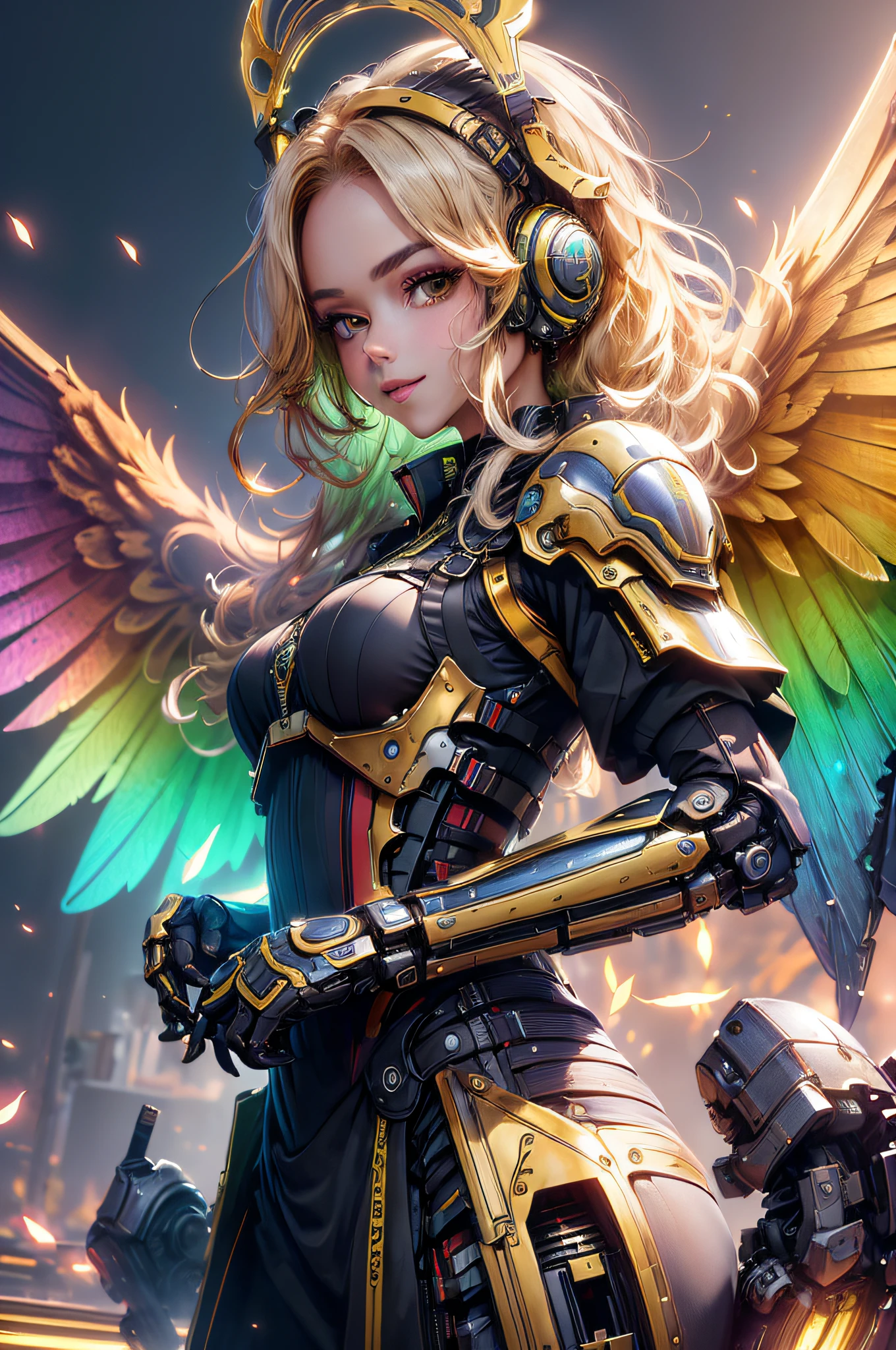 (master part:1.3),(best quality:1.2),8k,Absurdo,unidade 8k wallpapper,(extremamente detalhado:1.3),Highestres,
bismuto,1girl,retrato, asas,(mechanical wings:1.2), mechanical arms,mechanical halo,