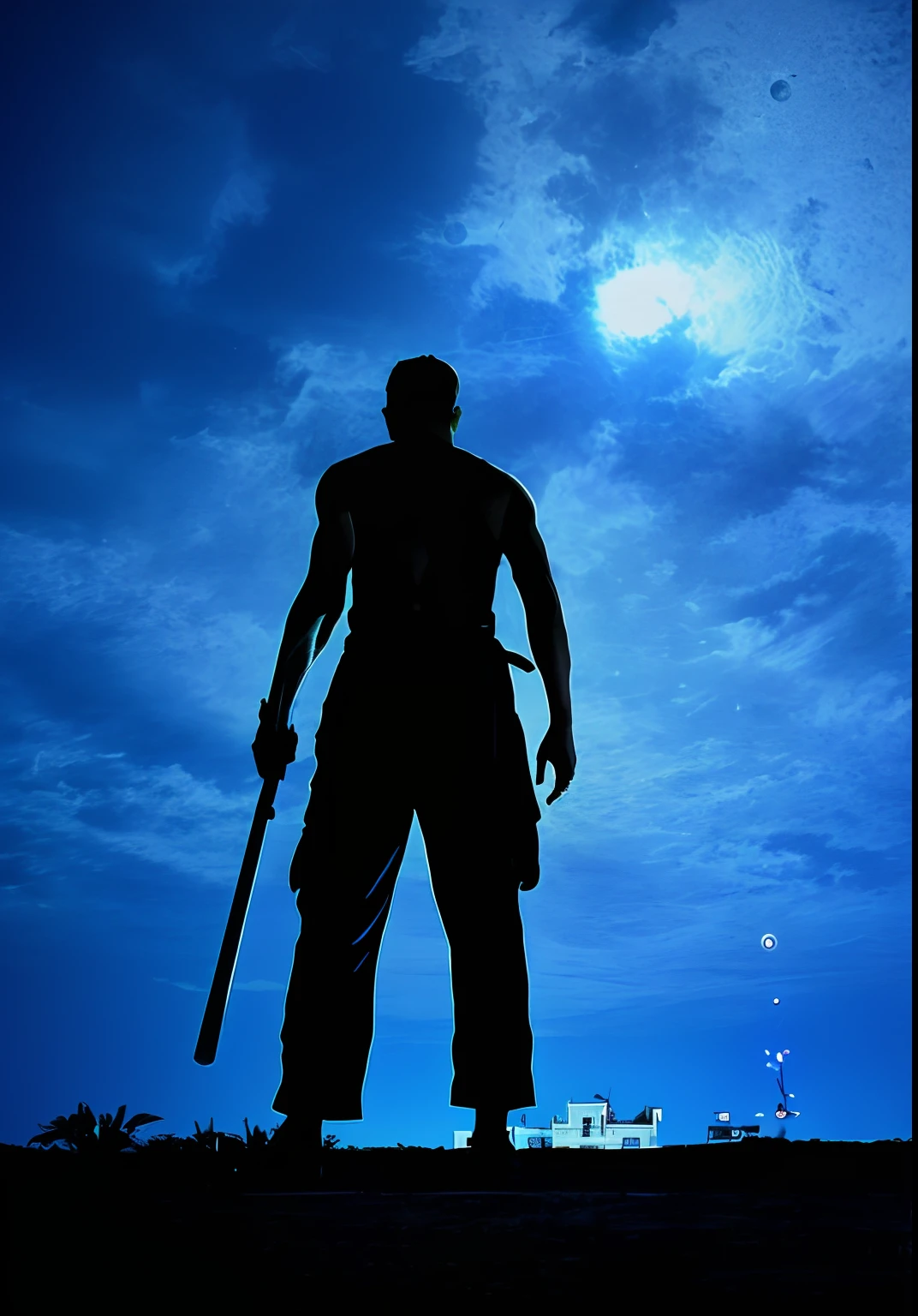 there is a man holding a baseball bat in the dark, strong silhouette, standing in moonlight, silhouette of man, standing on neptune, full body close-up shot, silhouette of a man, absolutely outstanding image, man holding spear, man with scythe, man standing, 'lone dark figure'!!, standing in a heroic figure, the moon cast on the man