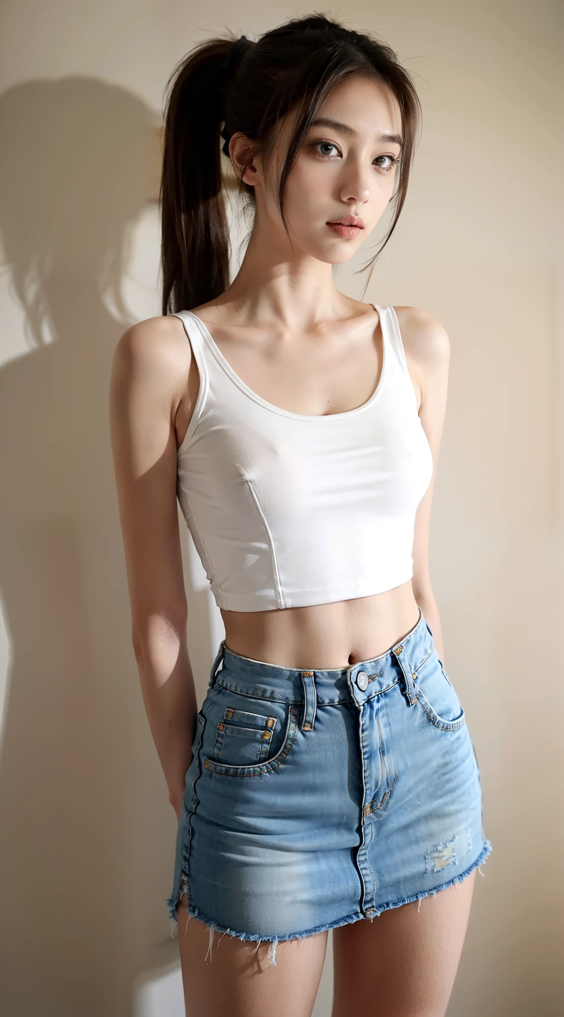 Girl taking photo in white bra and tight denim miniskirt、arm behind back、flaxen ponytail、full body Esbian、Cropped T-shirt、bra very、slim figure、Petite bust、Slim Girl Model、21-year-old female model、