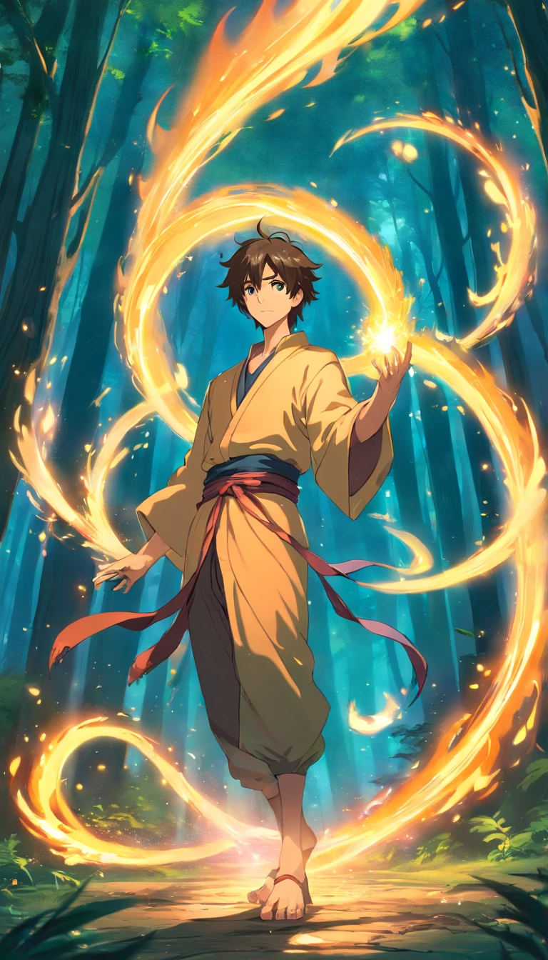 Amidst an ancient and overgrown forest, the essence of magic takes form through a young man, his hair as dark as the shadows and his eyes a radiant golden blaze. A mystical mark graces his neck, shimmering with latent power. Within a clearing, he stands engulfed in a cascading torrent of flames, the fire's heat tempered by an otherworldly energy. As the magical fire spirals and dances, it conjures a swirling dance of luminous particles, each a fragment of his ethereal aura. Arcane symbols materialize in midair, their glow casting an eerie light on his intense focus. The scene exudes a sense of ancient power and hidden knowledge, as if the woods themselves are alive with long-forgotten secrets. The mood is one of serene intensity, where the balance of nature and magic intertwine. The illustration style captures this mystical aura through detailed digital artistry, combining intricate linework with vibrant color palettes. --ar 16:9 --v 5