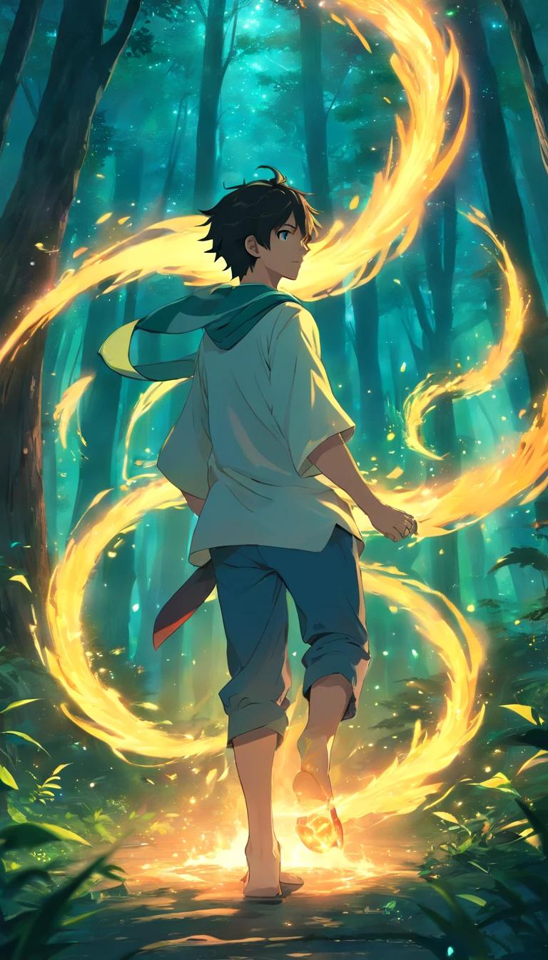 Amidst an ancient and overgrown forest, the essence of magic takes form through a young man, his hair as dark as the shadows and his eyes a radiant golden blaze. A mystical mark graces his neck, shimmering with latent power. Within a clearing, he stands engulfed in a cascading torrent of flames, the fire's heat tempered by an otherworldly energy. As the magical fire spirals and dances, it conjures a swirling dance of luminous particles, each a fragment of his ethereal aura. Arcane symbols materialize in midair, their glow casting an eerie light on his intense focus. The scene exudes a sense of ancient power and hidden knowledge, as if the woods themselves are alive with long-forgotten secrets. The mood is one of serene intensity, where the balance of nature and magic intertwine. The illustration style captures this mystical aura through detailed digital artistry, combining intricate linework with vibrant color palettes. --ar 16:9 --v 5