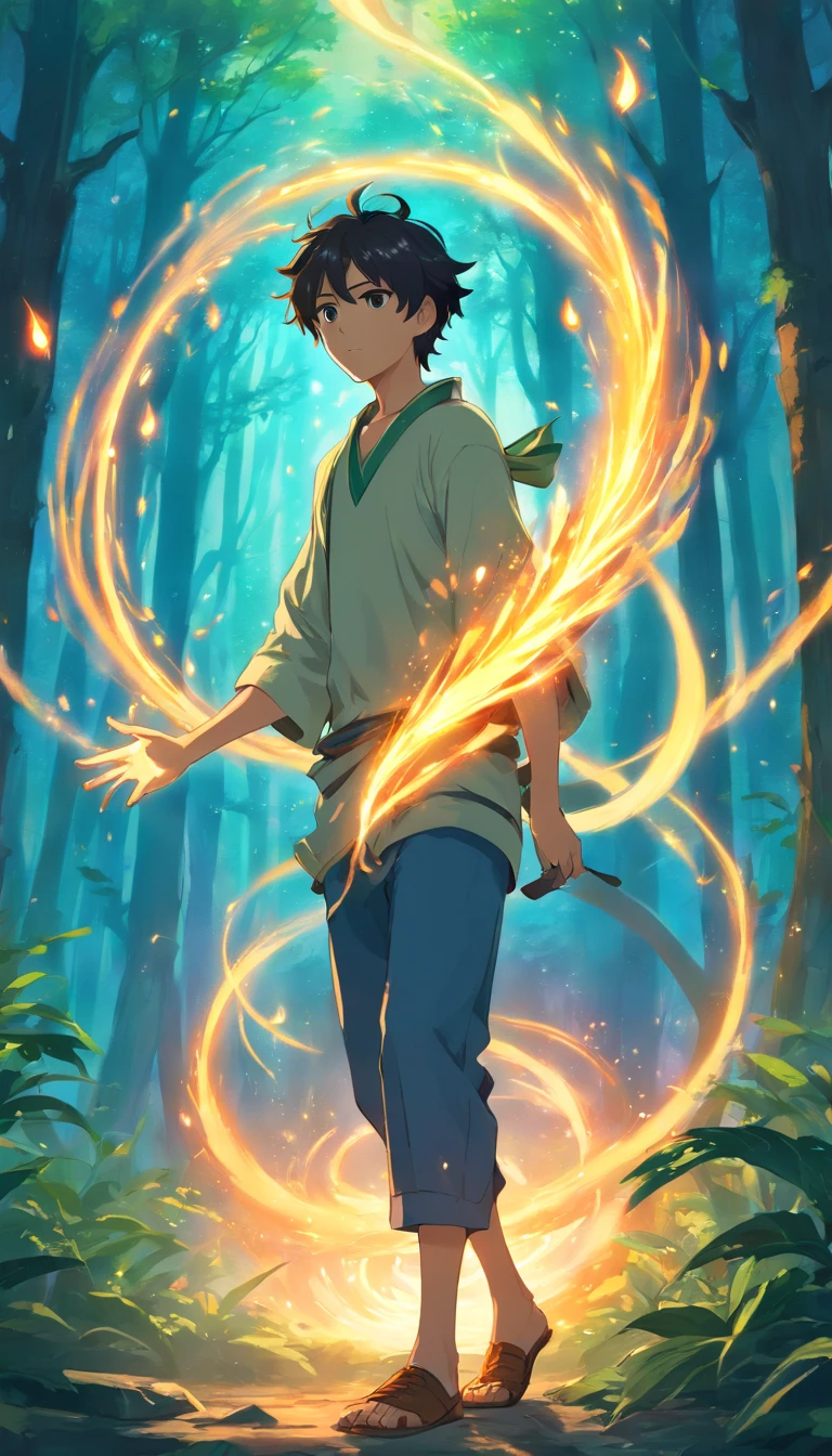 Amidst an ancient and overgrown forest, the essence of magic takes form through a young man, his hair as dark as the shadows and his eyes a radiant golden blaze. A mystical mark graces his neck, shimmering with latent power. Within a clearing, he stands engulfed in a cascading torrent of flames, the fire's heat tempered by an otherworldly energy. As the magical fire spirals and dances, it conjures a swirling dance of luminous particles, each a fragment of his ethereal aura. Arcane symbols materialize in midair, their glow casting an eerie light on his intense focus. The scene exudes a sense of ancient power and hidden knowledge, as if the woods themselves are alive with long-forgotten secrets. The mood is one of serene intensity, where the balance of nature and magic intertwine. The illustration style captures this mystical aura through detailed digital artistry, combining intricate linework with vibrant color palettes. --ar 16:9 --v 5