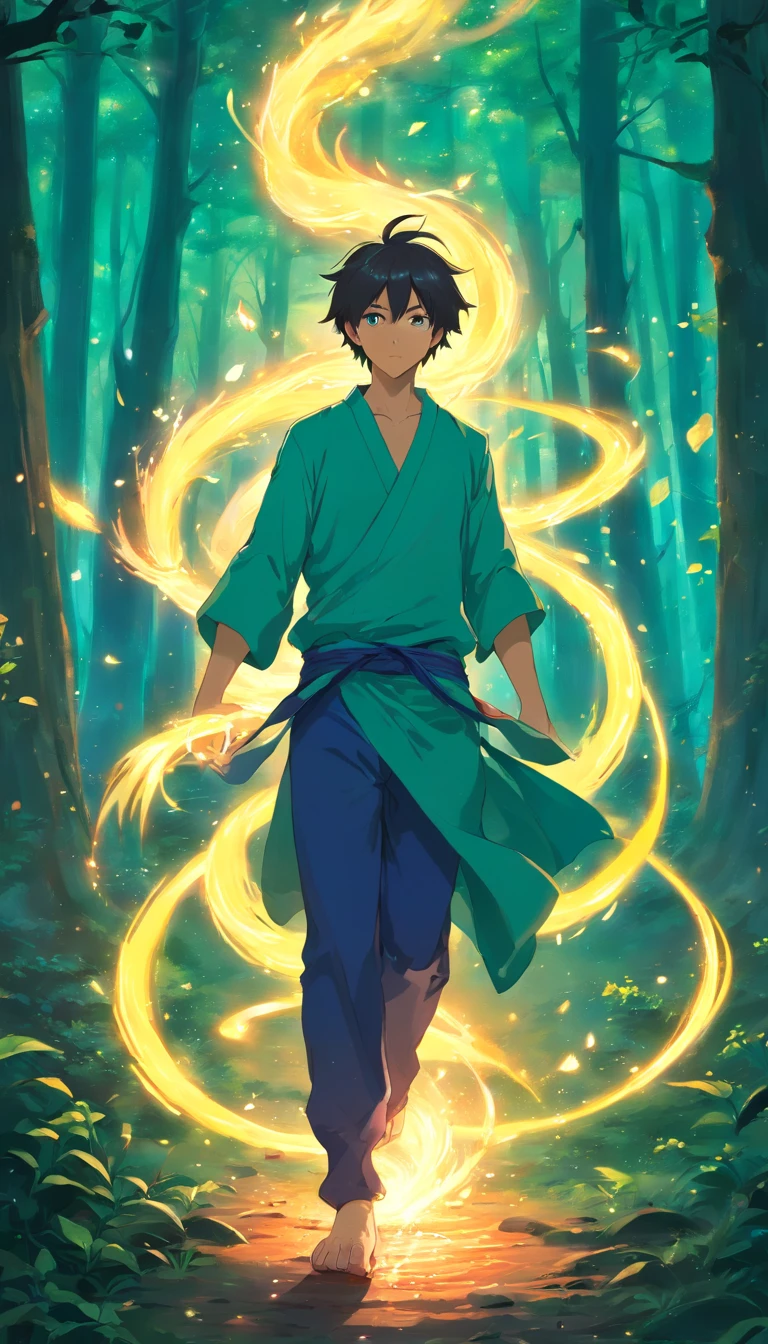 Amidst an ancient and overgrown forest, the essence of magic takes form through a young man, his hair as dark as the shadows and his eyes a radiant golden blaze. A mystical mark graces his neck, shimmering with latent power. Within a clearing, he stands engulfed in a cascading torrent of flames, the fire's heat tempered by an otherworldly energy. As the magical fire spirals and dances, it conjures a swirling dance of luminous particles, each a fragment of his ethereal aura. Arcane symbols materialize in midair, their glow casting an eerie light on his intense focus. The scene exudes a sense of ancient power and hidden knowledge, as if the woods themselves are alive with long-forgotten secrets. The mood is one of serene intensity, where the balance of nature and magic intertwine. The illustration style captures this mystical aura through detailed digital artistry, combining intricate linework with vibrant color palettes. --ar 16:9 --v 5