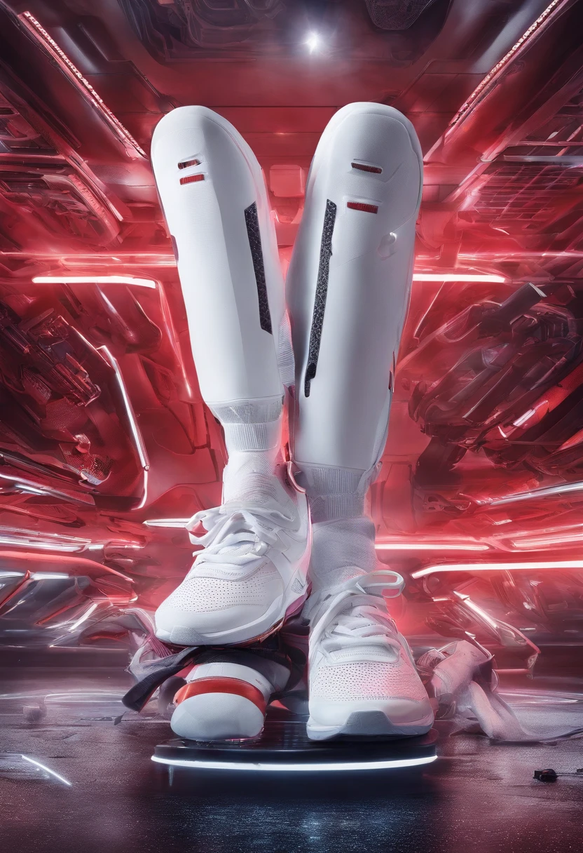 Craft a captivating and creative advertising photograph for white red sneakers that pushes the boundaries of traditional marketing. Showcase the sneakers in a unique and unexpected setting or context that tells a compelling story about the product. Use innovative lighting, angles, and composition to emphasize the sneakers' design, comfort, or performance features. Let your imagination run wild to create a visually stunning and memorable advertisement that makes viewers eager to step into these sneakers."
