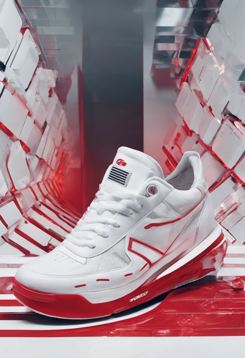Craft a captivating and creative advertising photograph for white red sneakers that pushes the boundaries of traditional marketing. Showcase the sneakers in a unique and unexpected setting or context that tells a compelling story about the product. Use innovative lighting, angles, and composition to emphasize the sneakers' design, comfort, or performance features. Let your imagination run wild to create a visually stunning and memorable advertisement that makes viewers eager to step into these sneakers."