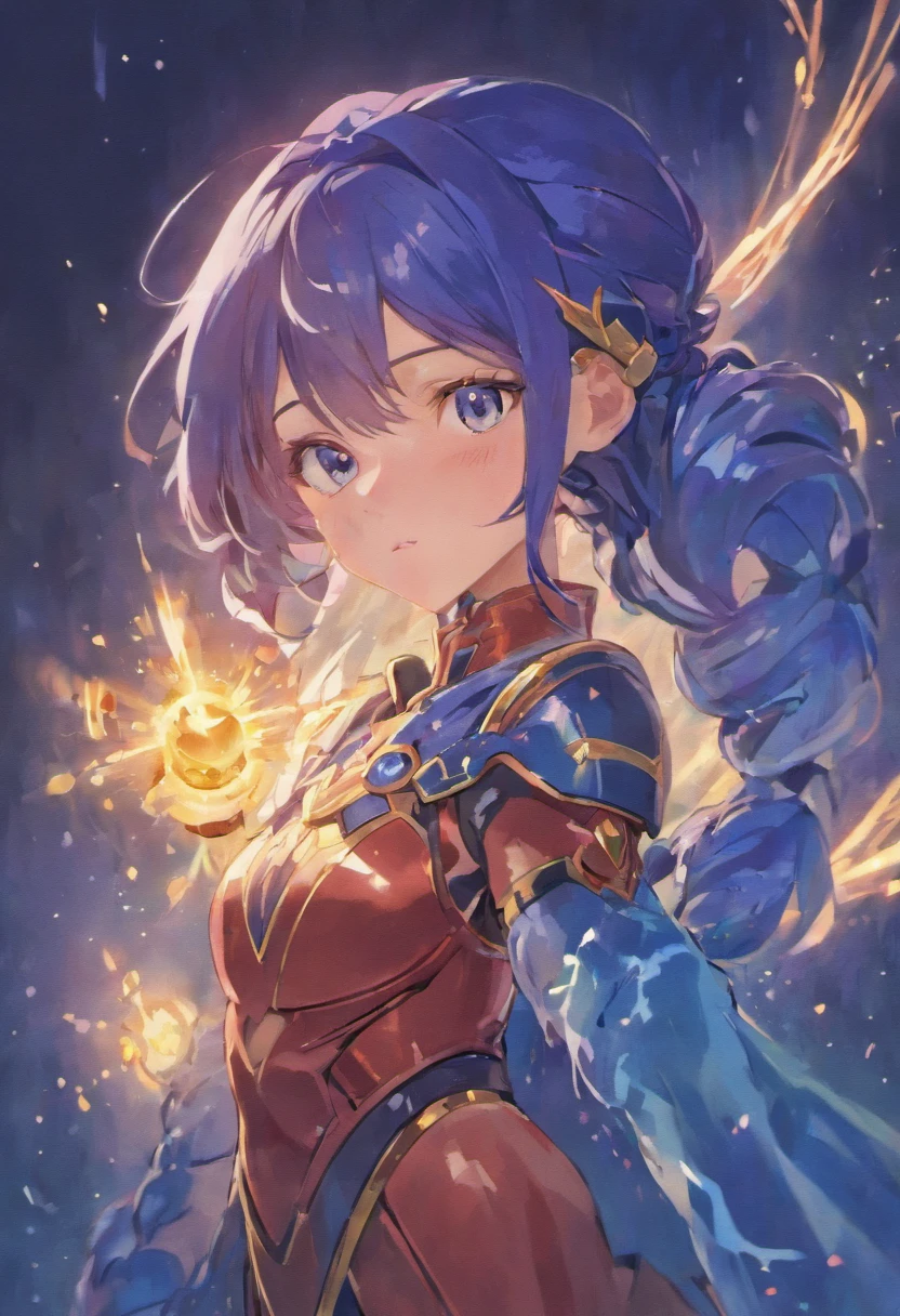 Lapis Lazuli Fei, 1girll, Solo, view the viewer, Blush, bangs, mitts, Upper body, Braid, shairband, Outdoors, parted lip, sky, day, Hand up, Pink eyes, Armor, tree, covered navel, The background is blurred out, hand on her own chest, Shoulder armor, SideBraid, chest plate, Red armor
