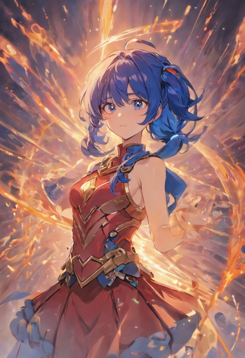 Lapis Lazuli Fei, 1girll, Solo, view the viewer, Blush, bangs, mitts, Upper body, Braid, shairband, Outdoors, parted lip, sky, day, Hand up, Pink eyes, Armor, tree, covered navel, The background is blurred out, hand on her own chest, Shoulder armor, SideBraid, chest plate, Red armor