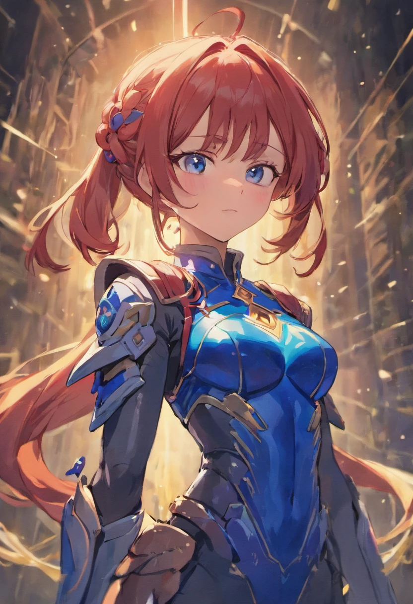 Lapis Lazuli Fei, 1girll, Solo, view the viewer, Blush, bangs, mitts, Upper body, Braid, shairband, Outdoors, parted lip, sky, day, Hand up, Pink eyes, Armor, tree, covered navel, The background is blurred out, hand on her own chest, Shoulder armor, SideBraid, chest plate, Red armor
