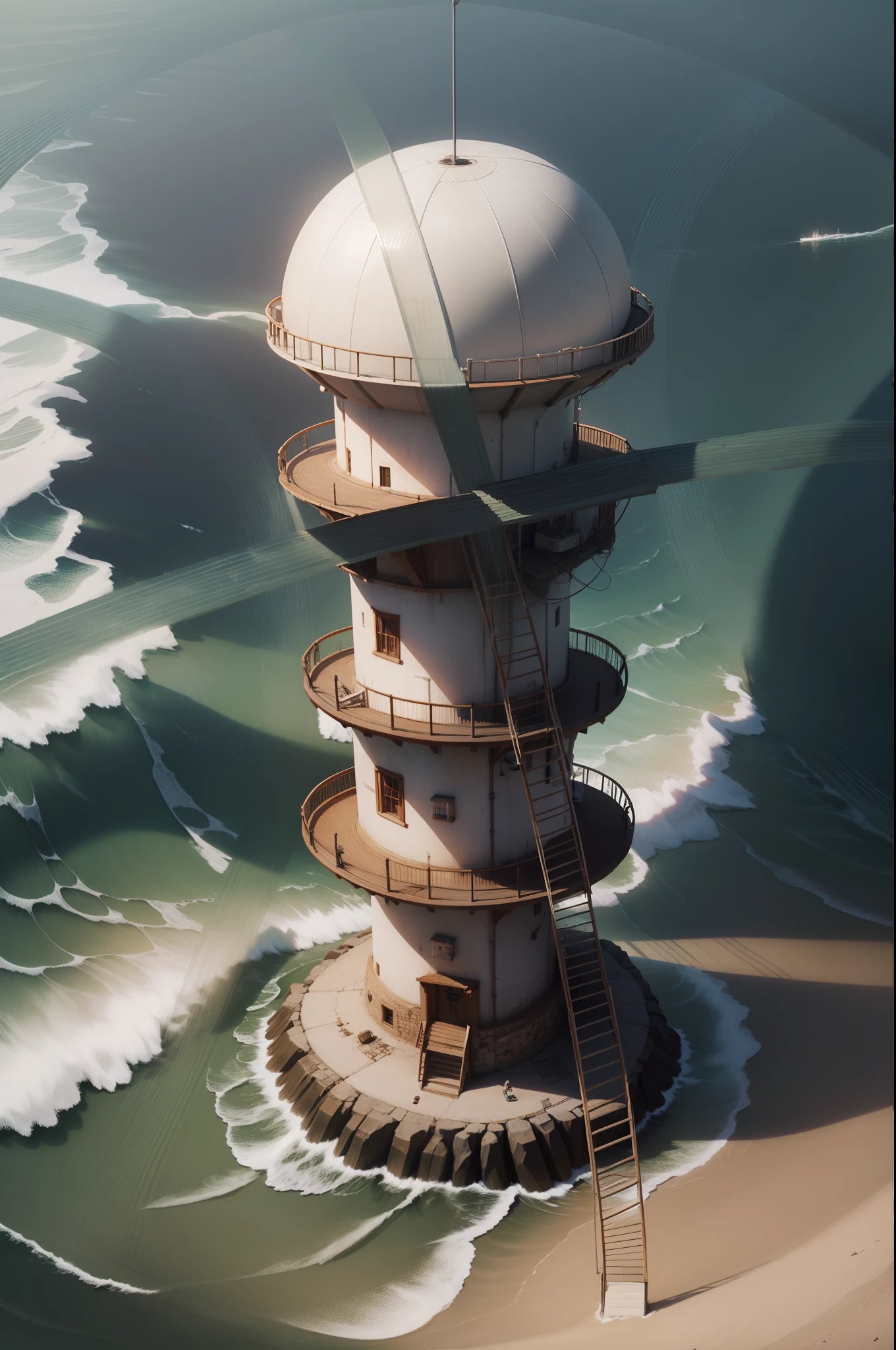 Um farol em uma rocha em alto mar funciona como um sinal, com um basquete gigante pendurado na frente e um basquete voando no ar. (best quality,4k,8k,Altas,master part:1.2), ultra-detalhado, (Realistic,photo-realistic:1.37), HDR, UHD, studio lighting, extreme detail description, profissional, vivid colors, Bokeh, Retratos, Landscape, basquete, basquete gigante, farol, Rocha, alto mar, sinal, basquete voador