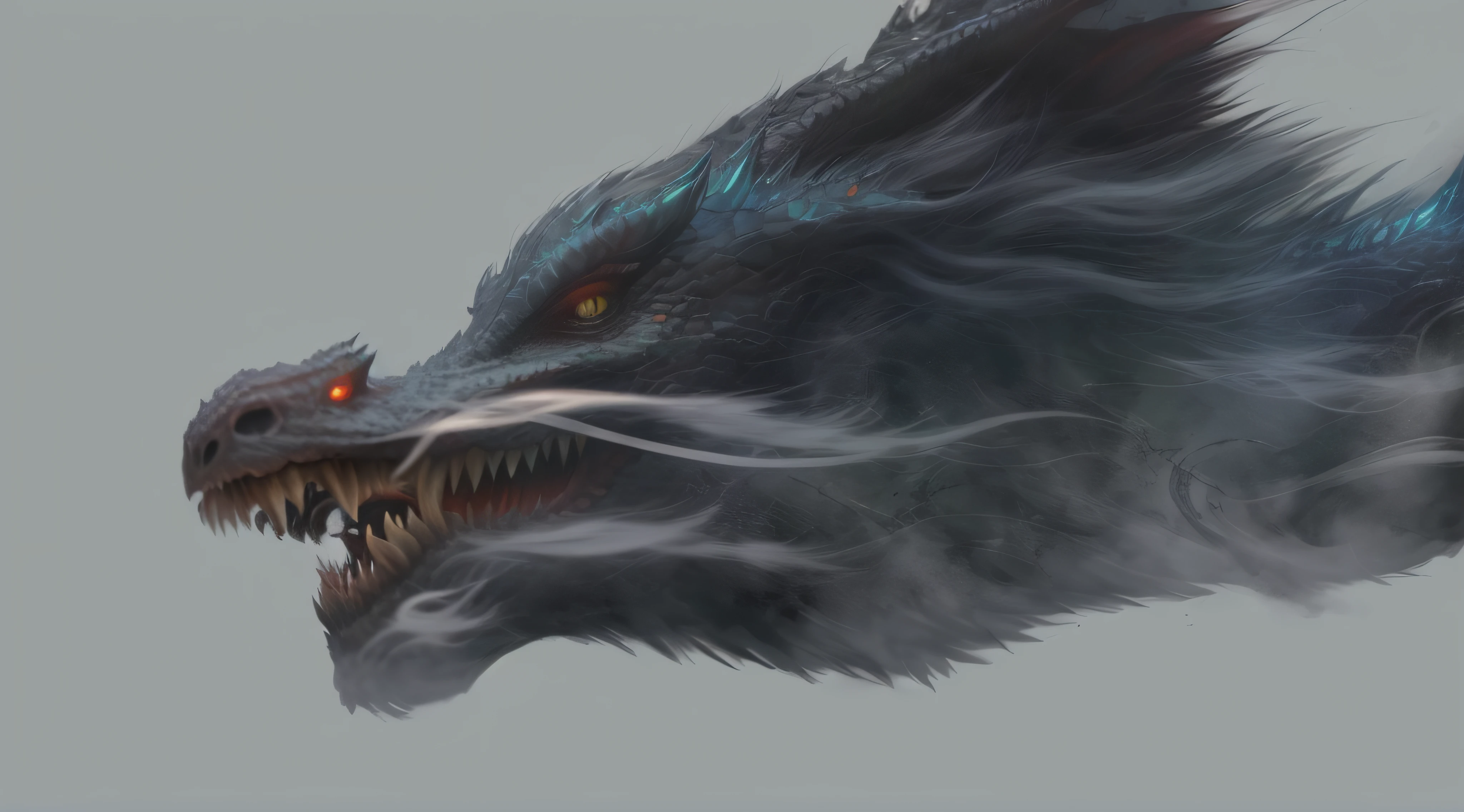 There is a big gray dragon,Red eyes and a long tail, chinese dragon concept art, dragon portrait, Portrait of a dragon, Portrait of a cyborg dragon, Dragon Head, sleek dragon head, author:Han Gan, By Ren Xiong, author:Shen Zhou, Realistic creature concept, author:Adam Maczynski, Dragon face, By Shen Quan, by Bayard Wu