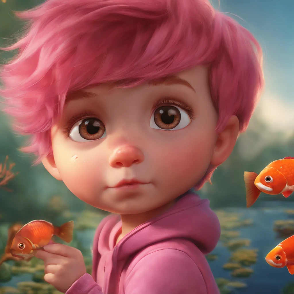 A close-up of a boy with pink hair and a fish, Adorable pintura digital, Arte digital 4K altamente detallado, Hermosa obra de arte digital, Lindo arte digital detallado, beautiful digital illustration, Awesome Digital Illustration, Arte infantil en ArtStation, exquisite digital illustration, gorgeous digital painting, Hermosa pintura digital, 3 d cg, CG 3D, Magnificent digital art, Arte digital estilizado