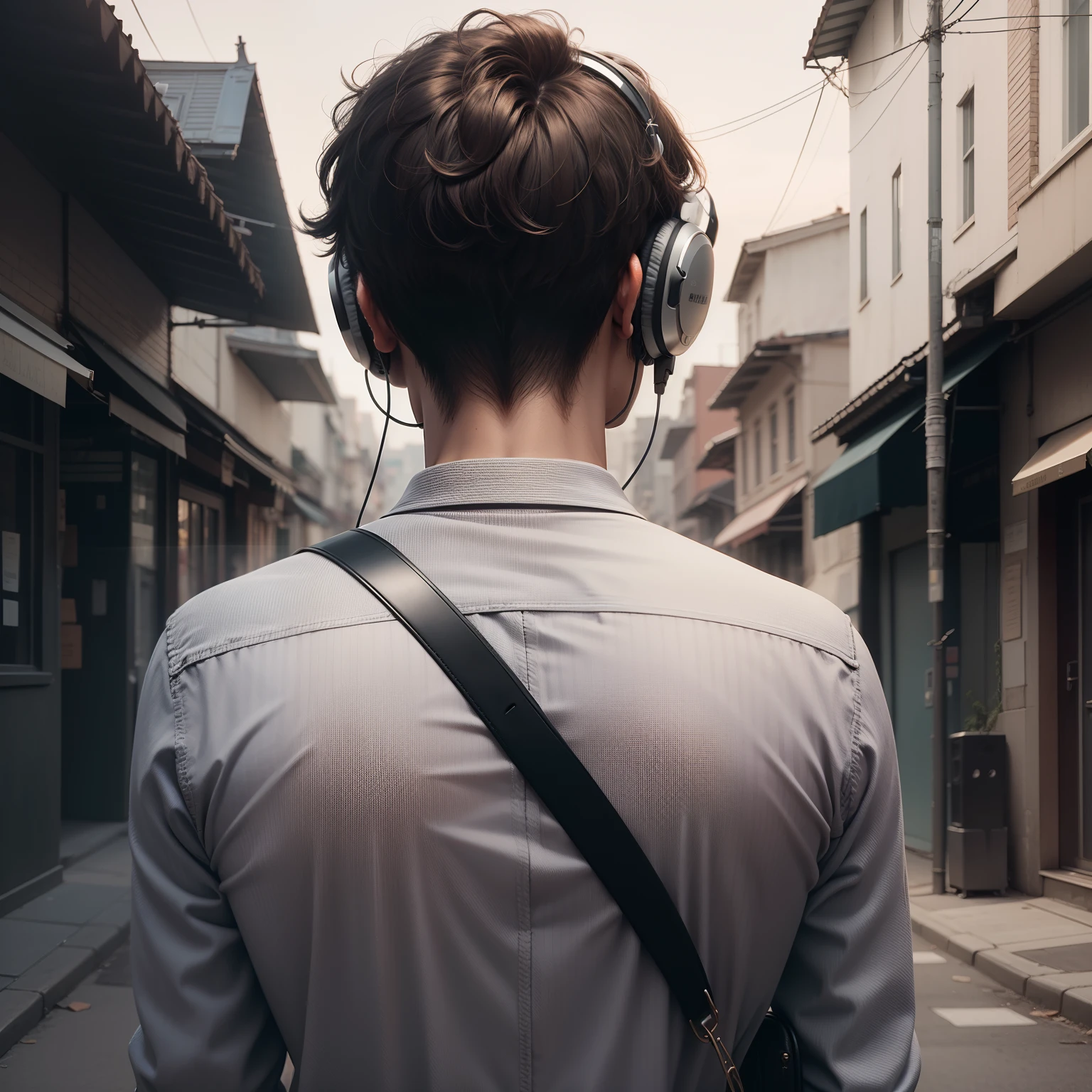 Solo, back view of a man listening music with headsets,background:empty streets, wears black and Red checked shirt, cinematic grade details 8k,