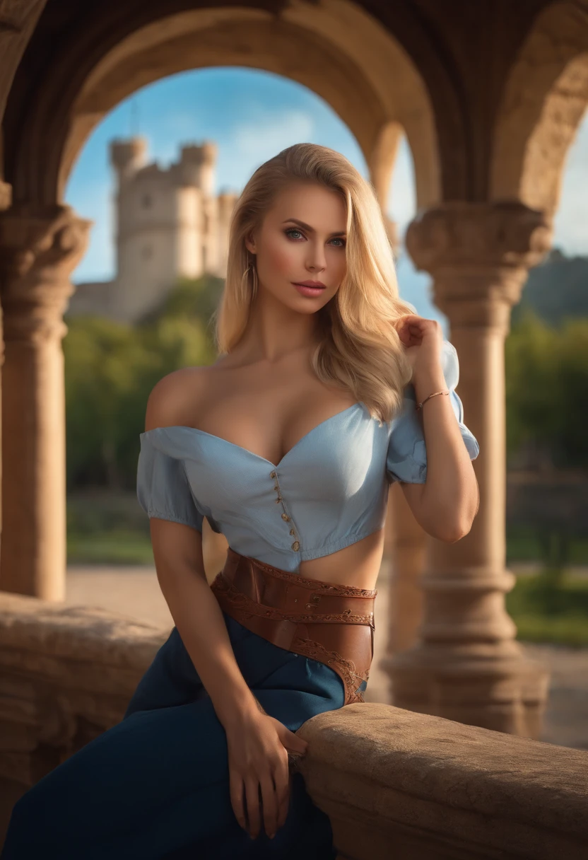 (Mikayla Demaiter) professional, (4k photo:1.1), (Sharp focus:1.3), high detail, wearing (tight shirt:1.2), beautiful detailed face, blue eyes, long blonde hair, (attractive young woman:1.3), (seductive:1.1), (blushing:1.1), hourglass body shape, small round breasts, wide hips, hyper-realistic, in background a castle