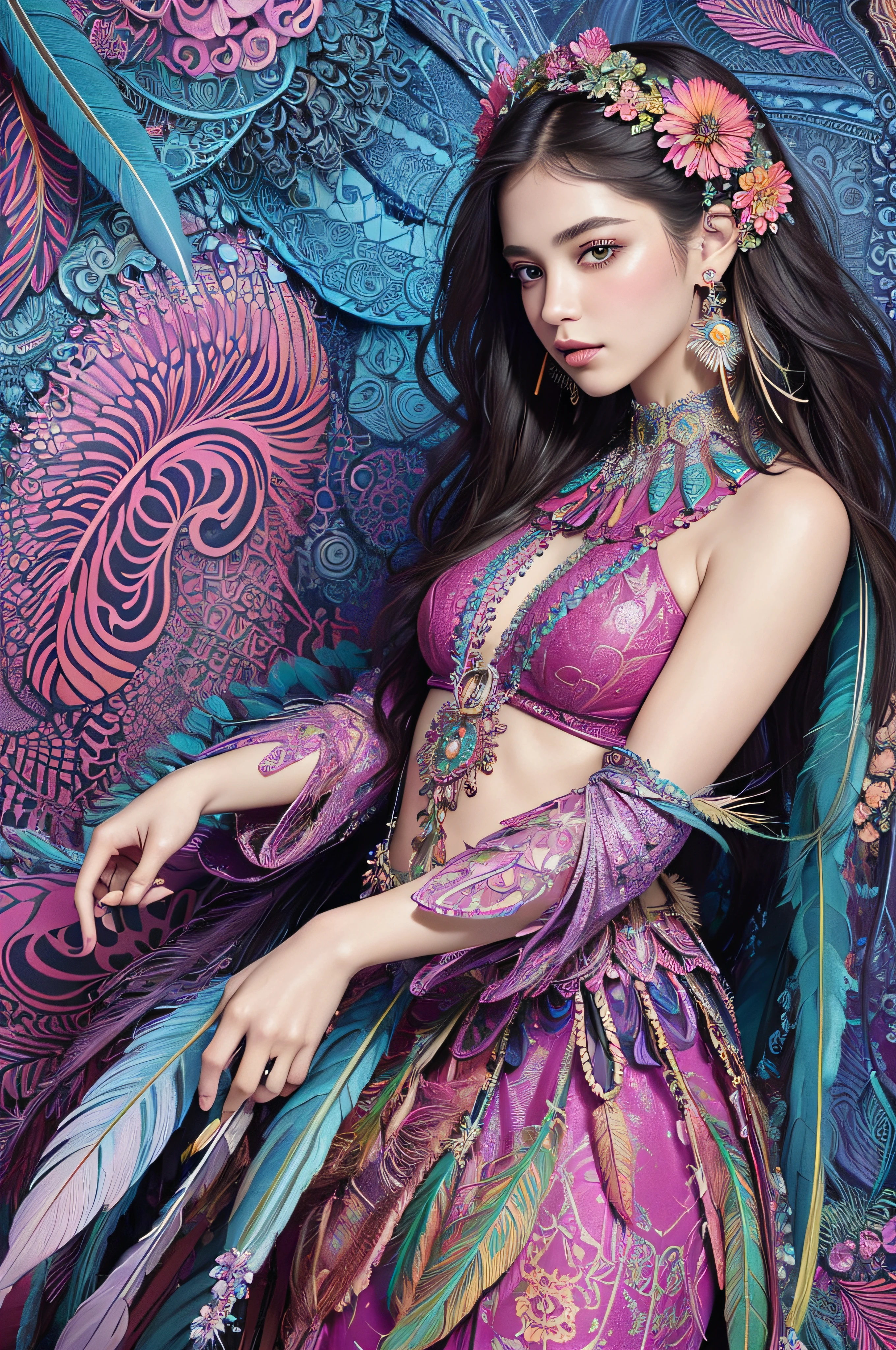 (masterpiece, top quality, best quality, official art, beautiful and aesthetic:1.2), (1girl:1.3), extremely detailed,(fractal art:1.1),(colorful:1.1)(flowers:1.3),highest detailed,(zentangle:1.2), full body, (abstract background:1.3), (shiny skin), (many colors:1.4), ,(earrings), (feathers:1.5),