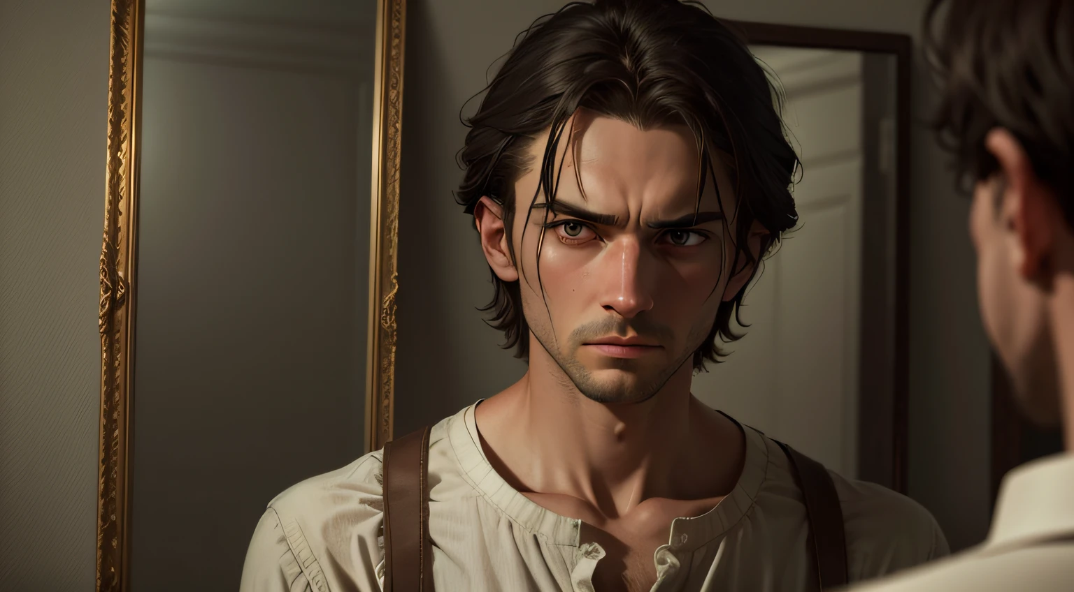 In a dimly lit room, of a guy, With an expression of sadness and concern, In front of a gorgeous mirror, The image of a person refers to the mirror year in the lack of light, The mood is gloomy. photorealistic image, detail in face.