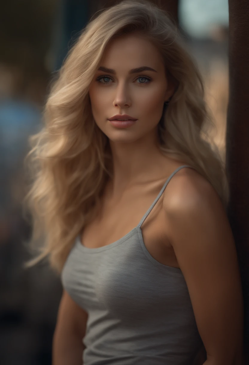 professional, (4k photo:1.1) by (Jeremy Lipking:0.3), (Dittmann Anna:0.3), (Arian Mark:0.3), (Sharp focus:1.3), high detail, wearing (tight shirt:1.2), beautiful detailed face, hazel eyes, long blonde hair, (attractive young woman:1.3), (seductive:1.1), (blushing:1.1), hourglass body shape, small round breasts, wide hips, in background city