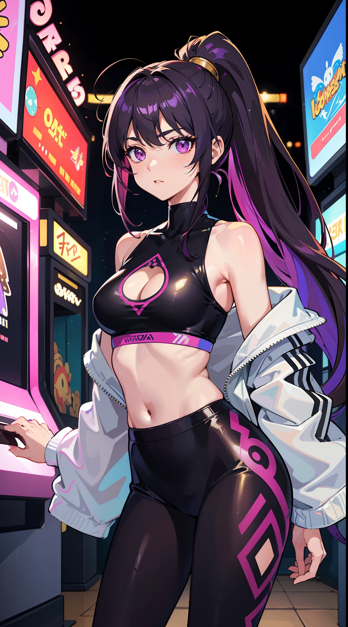 ((Masterpiece)), Best quality, absurderes, Ultra detailed, holograph, Cowboy shot, Golden ratio, Super cute girl, Mature girl, Idol girl, Super beautiful asian girl,Very beautiful violet glowing eyes, Beautiful glowing brown multicolored hair, High ponytail, Nice sexy body, Slim body, Perfect body, Wear an ultra-tight anime print tights, Anime print ultra-skinny shoulders long-sleeved crop top top, Ultra-beautiful transparent mini jacket, beautiful hair ornaments, Pink Jordan tennis, Play with handsome otaku, Black messy glowing hair, In arcade games