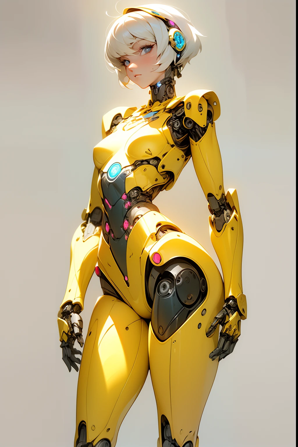 high quality, 4k, masterpiece, beautiful, cyborg girl, cowboy shot, dull eyes, looking at viewer, short white hair, girl, small breasts, thick thigh, robotic arms, robotic body, cyborg body, intricate detail, joint, detailed lines, robotic detail, hands in prayer, praying, colorful robotic parts