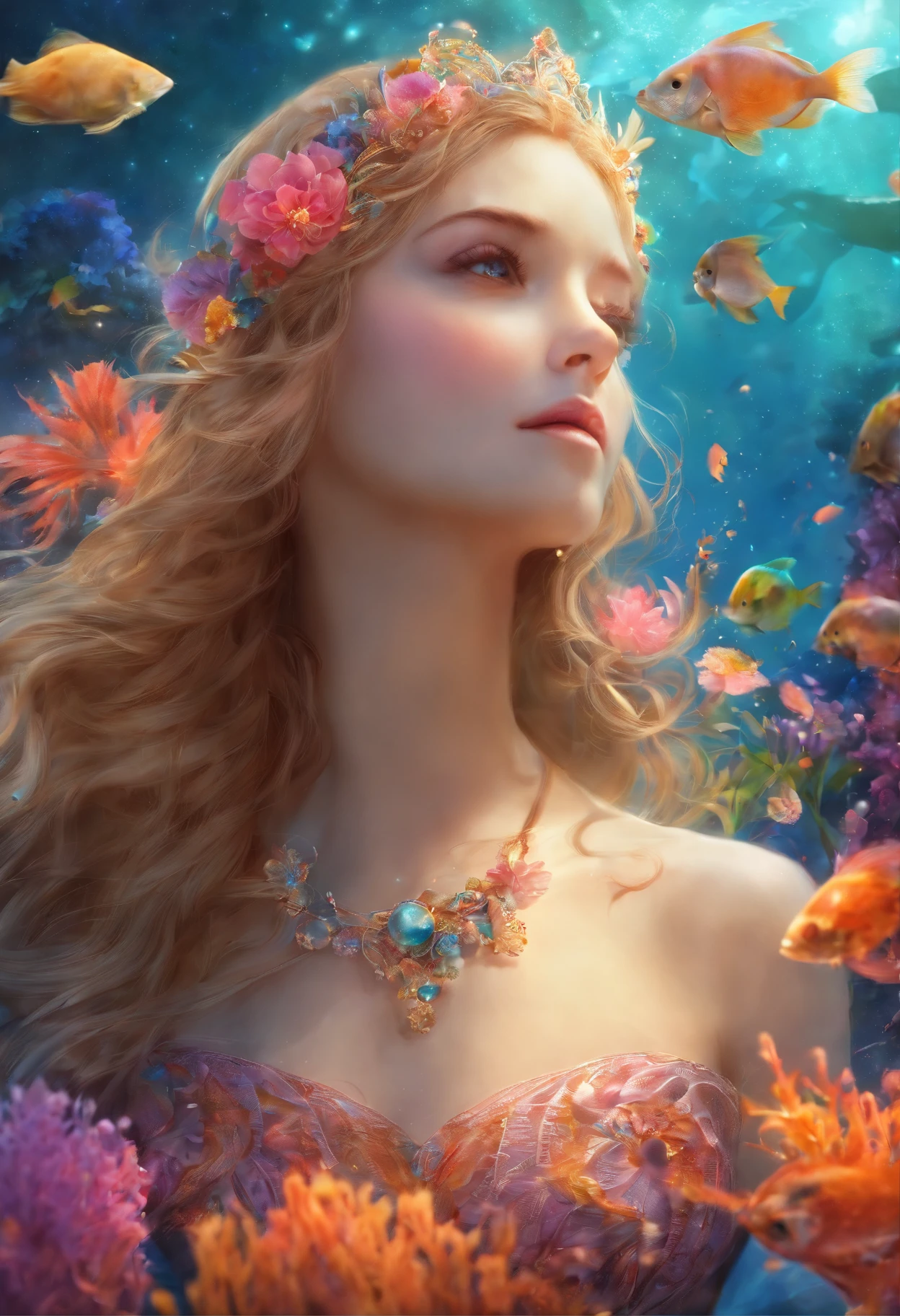 Una chica alegre con un cuerpo bonito y cabello multicolor, Miyo, con caballitos de mar y estrellas de mar (((La mejor calidad))), ((Ultra detallado)),((un extremadamente delicado y hermoso)), ((16k)), realista, Disco duro, .cgi, cabello reluciente, piel resplandeciente, Ropa reluciente, Enfoque del personaje, solamente, Dynamic Angle, Pose elegante, Luz fuerte que entra, foco nítido, illustration, hermosos ojos detallados, Guapo,((un extremadamente delicado y hermoso)), (((La mejor calidad))), ((Ultra detallado)),((un extremadamente delicado y hermoso)), ((16k)), realista, Disco duro, .cgi, cabello reluciente, piel resplandeciente, Ropa reluciente, Enfoque del personaje, solamente, Dynamic Angle, Pose elegante, Luz fuerte que entra, foco nítido, illustration, hermosos ojos detallados, Guapo,((un extremadamente delicado y hermoso)), SFW, ,piel brillante, textura,(1girl:1.3),The underwater garden: A beautiful world where colorful corals and plants create a natural paradise,and fish and other animals live in harmony, (Parte superior del cuerpo),cabello ondulado,Kakipi, sirena, Parte superior de concha marina, collar de perlas, , , , Photography style