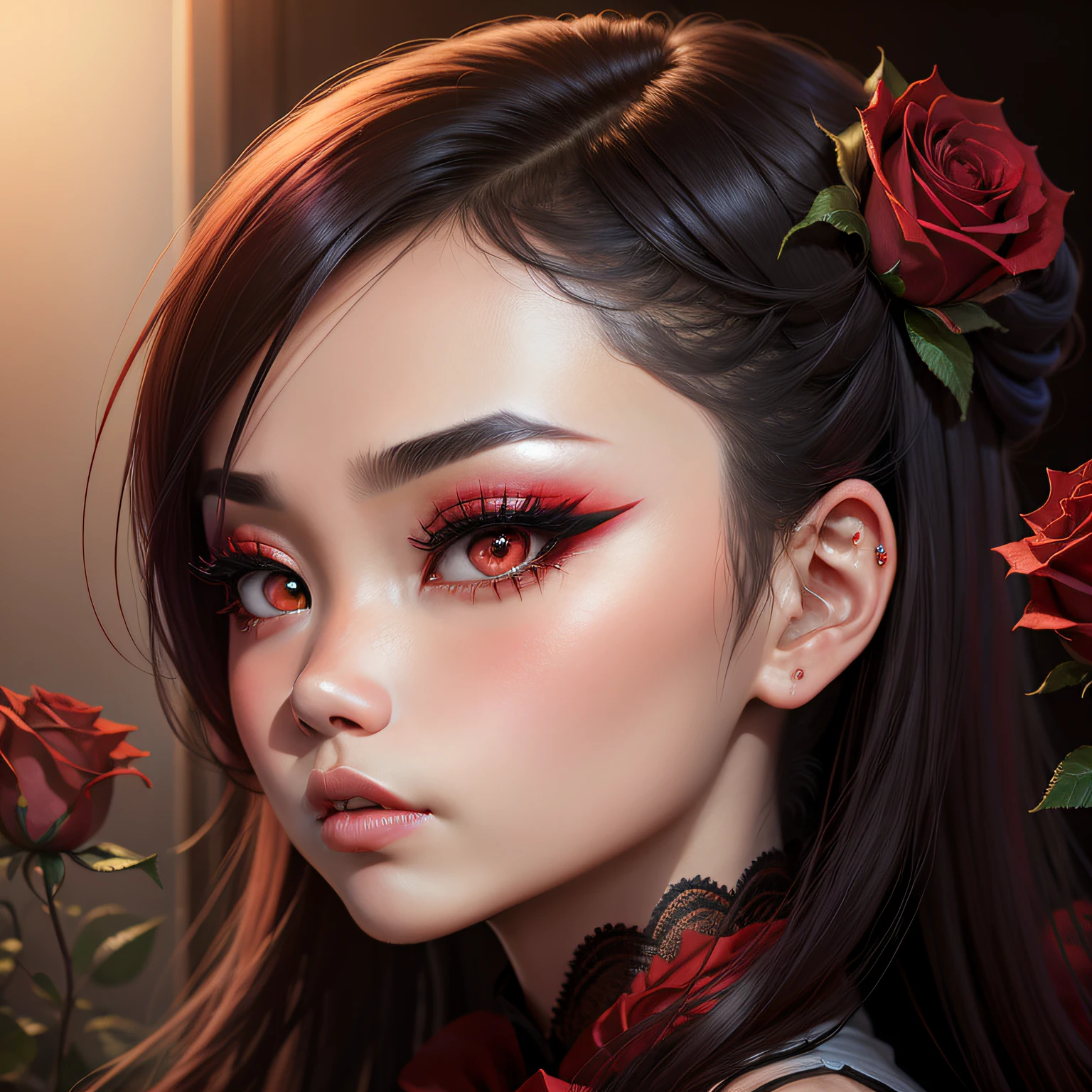 Red rose, little Asian beauty, smoky makeup, big eyes, double eyelids, side face
