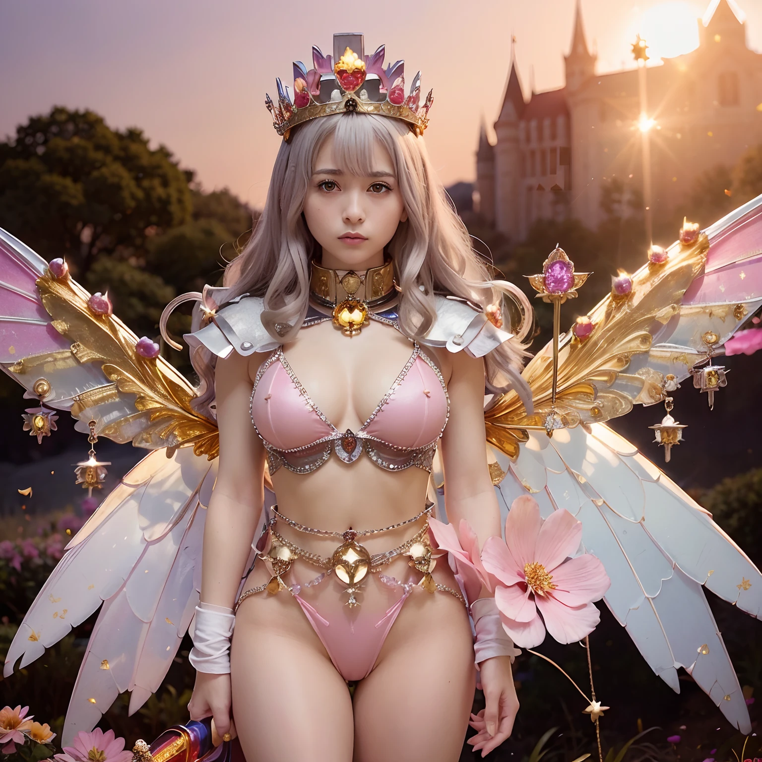 (masutepiece), Professional , masterpiece、top-quality、photos realistic , depth of fields (Gemstone Flower Metal Body:1.4),(Matte Silver Pink、Jewel Gold Weapon、(Gorgeous castle background)、(ultimate beauty girl)、(Flower rainbow fairy wings grow)、(Jewel Flower Metal Body:1.9),Gorgeous Jewel Metal Weapons , Detailed Sword of the Brave ,( a blond) ,warhammer 40k ,((Floral Micro Bikini))、Particles of light、(Beautiful flower garden background)、 adepta sororitas,Detail and ornate jewel crown、2guys、Brown hair、(Gangle's forest background)、Beautiful Caucasian beauty、dynamic ungle,(((Diamond tiara with detail and luxury)))、a small face、Powerful poses、(Gorgeous castle background)、huge filesize、20 year old beautiful woman、Thin female fingers、Straight long hair、Beautiful Caucasian beauty、Valley、Fairy of Light、Particles of light、