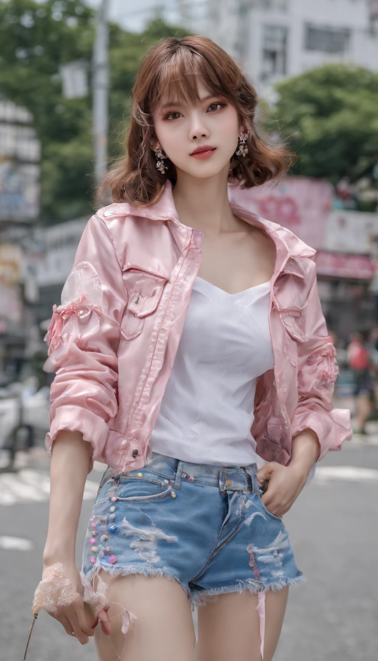 (((Shoot from a low angle below)))、(((White denim、White denim shorts、Pink denim、Denim wrinkled and lifted、The display tray is lifted.、Lift your shorts yourself、White denim shorts)))、(((Panties can be seen through the gaps in the shorts)))、White vest、ultra - detailed、tmasterpiece、top-quality、超A high resolution、8K、high-level image quality、Photogenic clarity、Live action、A detailed eye、gradients、perfect anatomy body proportions ,hdd、NFFSW , Nikon Z9 80mm lens 、masutepiece、Detailed panty pattern、Detailed and clear panty pattern、Bright sunlight and natural light、Crowds in the city、The beautiful bust seems to overflow、Beautiful pointed areola,,,,、Her eyes sparkled.、Brunette Bob hair、、Bright lips and lip gloss、
