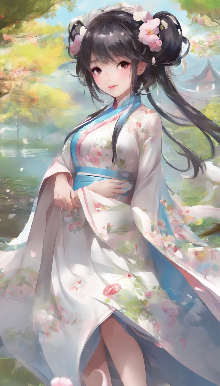 (best quality,8k,highres,masterpiece:1.2),ultra-detailed,realistic,portraits,vibrant colors,Chinese elements,lovely girl digital art,sweet smile,silky white cheongsam,playful expression,clear and bright eyes,two cute buns,shy smile,full body,3D,random poses,optimistic girl,summer