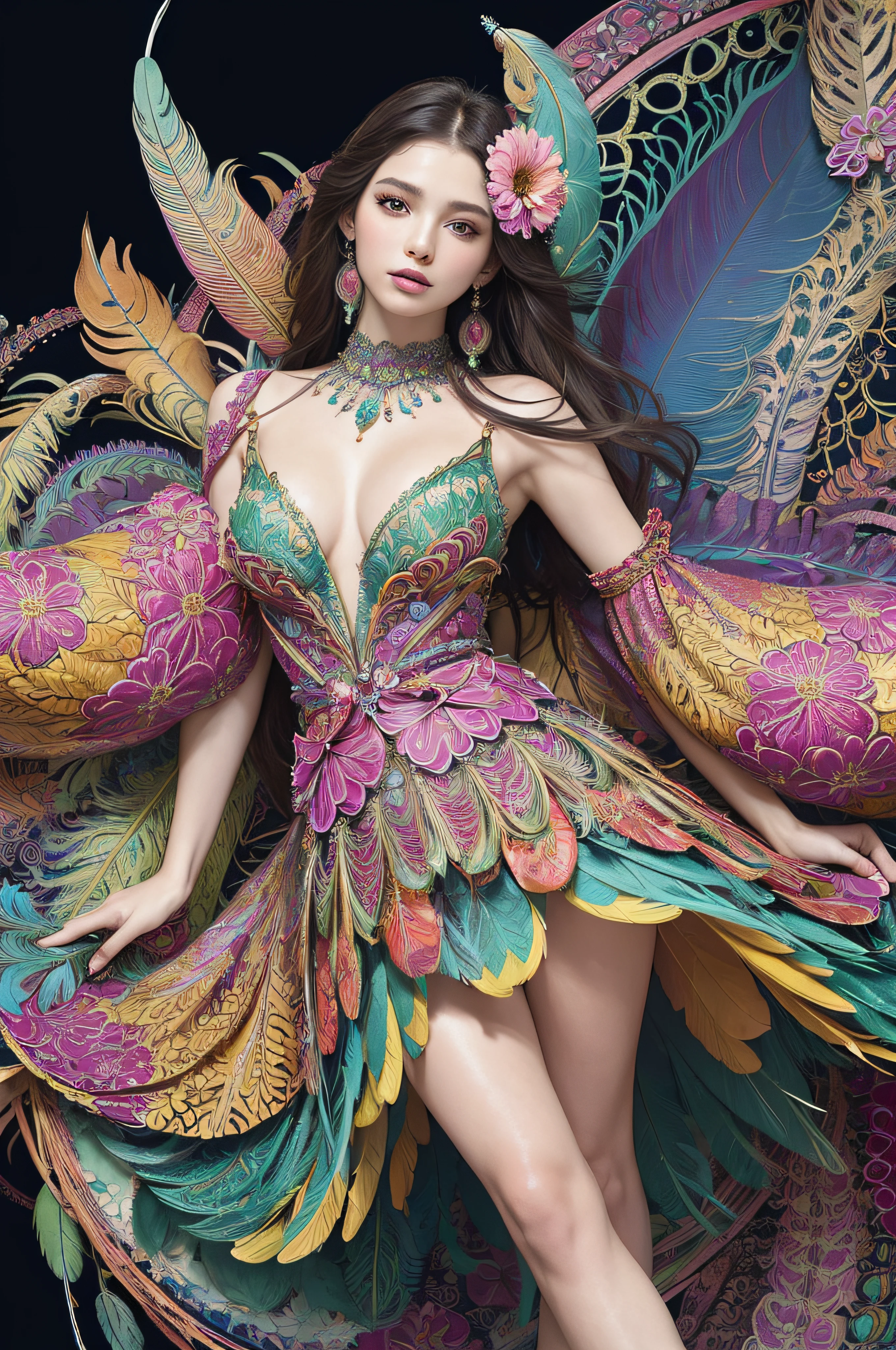 (masterpiece, top quality, best quality, official art, beautiful and aesthetic:1.2), (1girl:1.3), extremely detailed,(fractal art:1.1),(colorful:1.1)(flowers:1.3),highest detailed,(zentangle:1.2), full body, (abstract background:1.3), (shiny skin), (many colors:1.4), ,(earrings), (feathers:1.5),