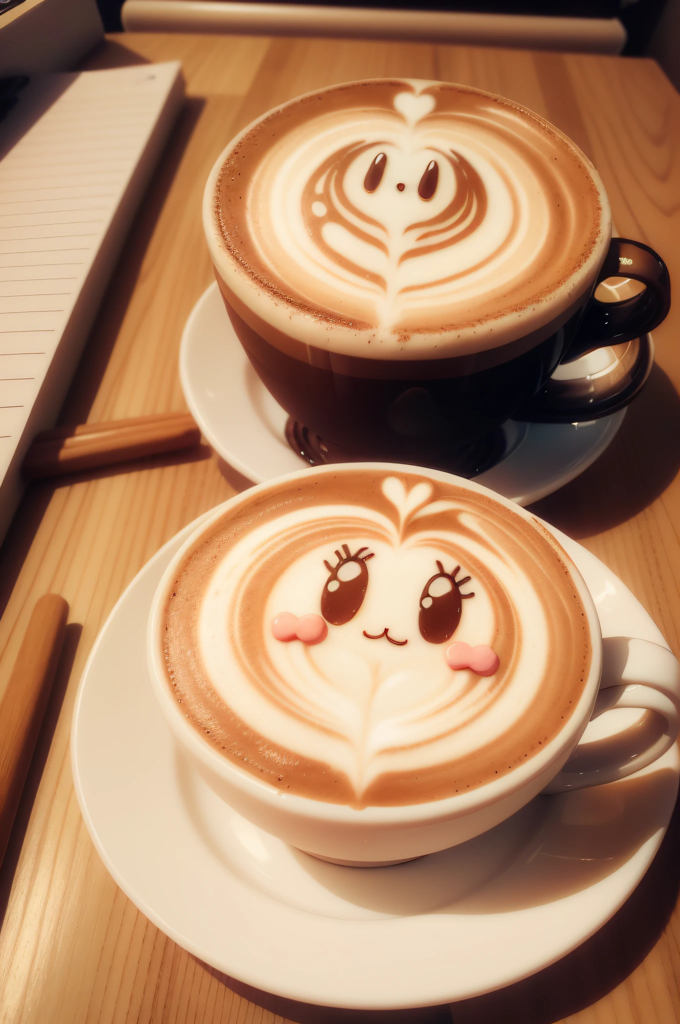 a cup of coffee with ((latte art)) drawing a cute kirby, best quality, masterpiece, super detail, award winning