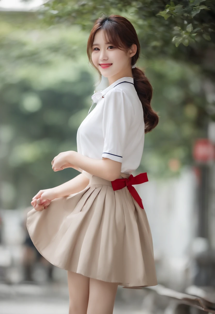 Two female students standing side by side、Wearing the same uniform、ultra-detailliert、masterpiece、top-quality、超A high resolution、8K high image quality、Photogenic clarity、A detailed eye、gradients、perfect anatomy body proportions ,hard disk、nffsw , Nikon Z9 80mm Lens , masutepiece、Model Standing、A smile that makes you see your teeth faintly、(((Dark blue school uniform、White blouses、Cute white white short sleeve blouse with red ribbon、short loose socks、dark brown loafers)))、(((The skirt is definitely worn)))、Panties are not visible、(((Lift skirt hem)))、Sit in a triangle with your thighs slightly inward、too bright natural light、Sunshine、(((Beautiful alignment and snow-white teeth)))、Ultra slim body Gcup bust、the chest sticks out a little、Body shape of slim model、Beautiful posture、school classrooms