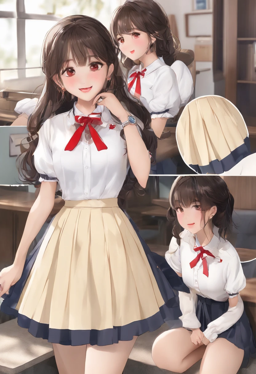 Two female students standing side by side、Wearing the same uniform、ultra-detailliert、masterpiece、top-quality、超A high resolution、8K high image quality、Photogenic clarity、A detailed eye、gradients、perfect anatomy body proportions ,hard disk、nffsw , Nikon Z9 80mm Lens , masutepiece、Model Standing、A smile that makes you see your teeth faintly、(((Dark blue school uniform、White blouses、Cute white white short sleeve blouse with red ribbon、short loose socks、dark brown loafers)))、(((The skirt is definitely worn)))、Panties are not visible、(((Lift skirt hem)))、Sit in a triangle with your thighs slightly inward、too bright natural light、Sunshine、(((Beautiful alignment and snow-white teeth)))、Ultra slim body Gcup bust、the chest sticks out a little、Body shape of slim model、Beautiful posture、school classrooms