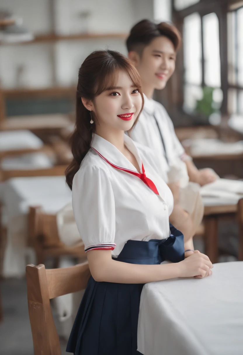 Two female students standing side by side、Wearing the same uniform、ultra-detailliert、masterpiece、top-quality、超A high resolution、8K high image quality、Photogenic clarity、A detailed eye、gradients、perfect anatomy body proportions ,hard disk、nffsw , Nikon Z9 80mm Lens , masutepiece、Model Standing、A smile that makes you see your teeth faintly、(((Dark blue school uniform、White blouses、Cute white white short sleeve blouse with red ribbon、short loose socks、dark brown loafers)))、(((The skirt is definitely worn)))、Panties are not visible、(((Lift skirt hem)))、Sit in a triangle with your thighs slightly inward、too bright natural light、Sunshine、(((Beautiful alignment and snow-white teeth)))、Ultra slim body Gcup bust、the chest sticks out a little、Body shape of slim model、Beautiful posture、school classrooms