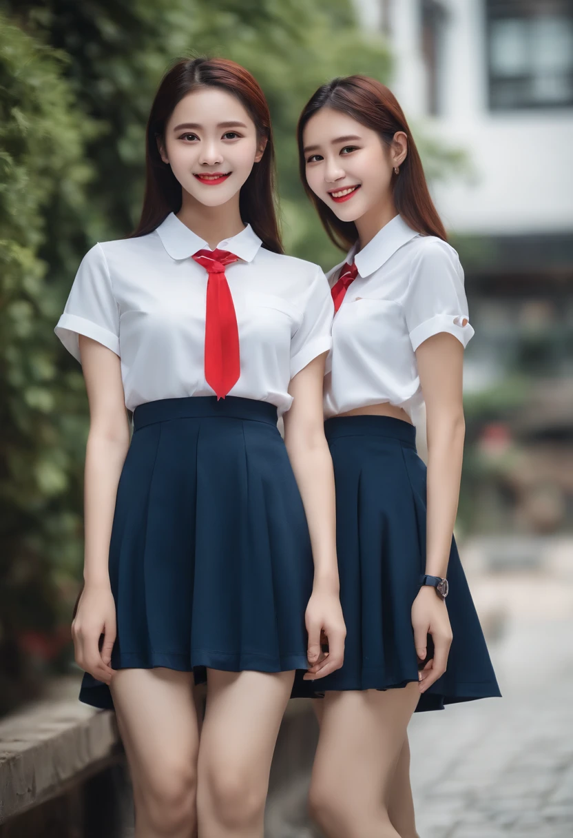 Two female students standing side by side、Wearing the same uniform、ultra-detailliert、masterpiece、top-quality、超A high resolution、8K high image quality、Photogenic clarity、A detailed eye、gradients、perfect anatomy body proportions ,hard disk、nffsw , Nikon Z9 80mm Lens , masutepiece、Model Standing、A smile that makes you see your teeth faintly、(((Dark blue school uniform、White blouses、Cute white white short sleeve blouse with red ribbon、short loose socks、dark brown loafers)))、(((The skirt is definitely worn)))、Panties are not visible、(((Lift skirt hem)))、Sit in a triangle with your thighs slightly inward、too bright natural light、Sunshine、(((Beautiful alignment and snow-white teeth)))、Ultra slim body Gcup bust、the chest sticks out a little、Body shape of slim model、Beautiful posture、school classrooms