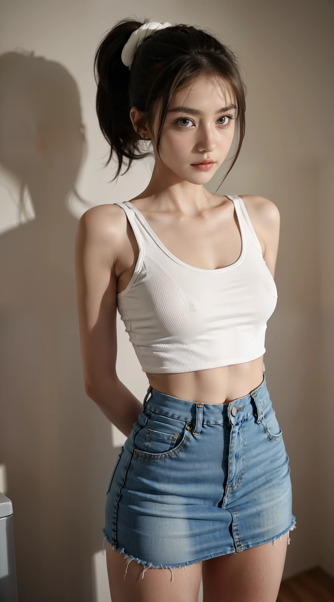 Leather Tank Top、White bra、Crouch Pose、Girl taking photo in tight denim miniskirt、Denimini、Ultra mini skirt、white panty、arm behind back、flaxen ponytail、full body Esbian、Cropped T-shirt、bra very、slim figure、Petite bust、Slim Girl Model、21-year-old female model、